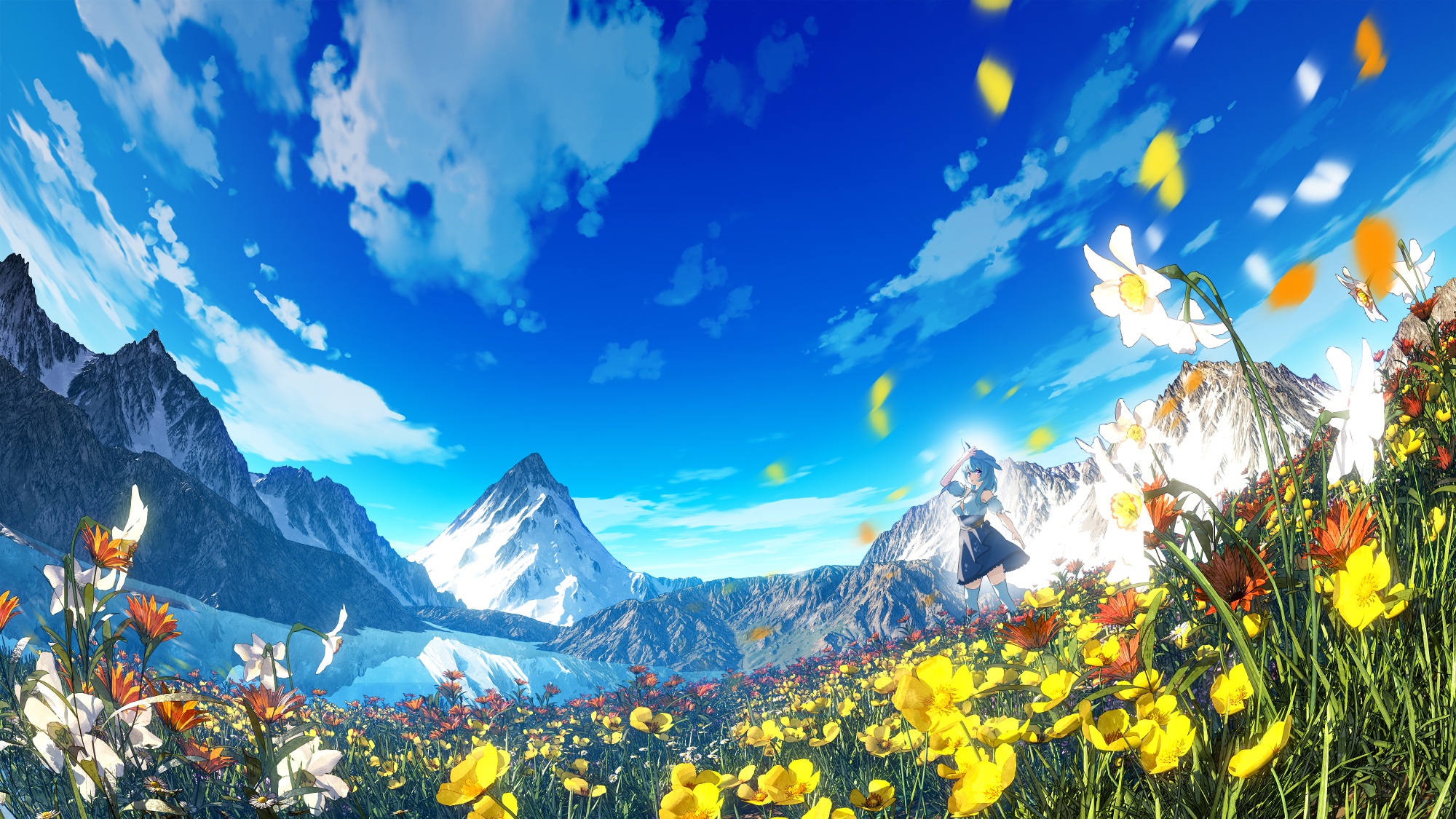 Anime Girls Landscape Flowers Knee High Socks Petals Mountains Sky Clouds Grass Hachio81 Animal Ears 2000x1125