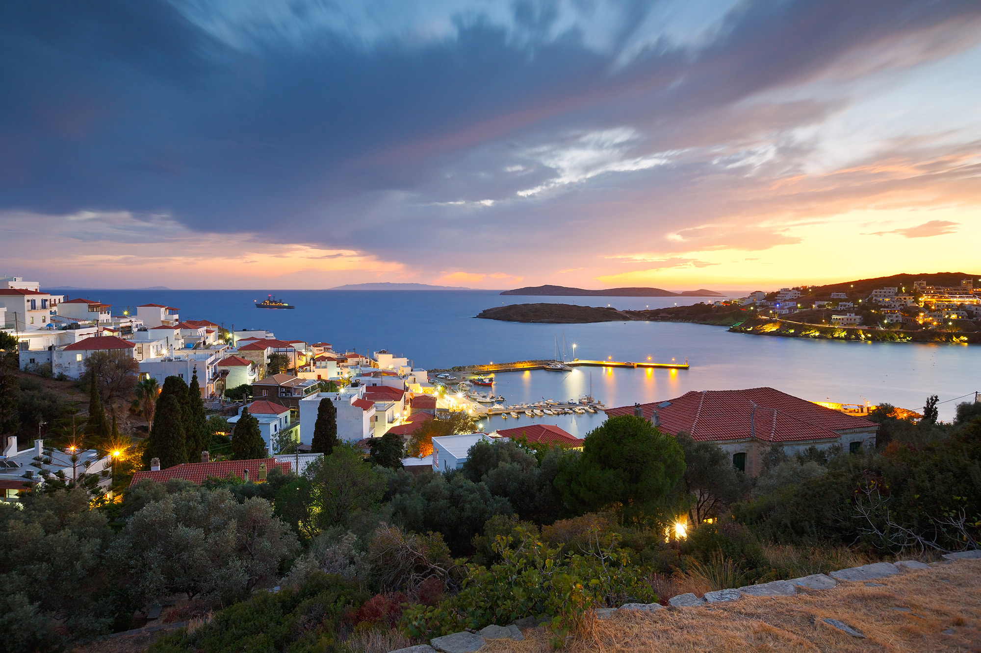 Andros Island Greece Town Sea Water Sunset Glow Clouds Trees City Lights 2000x1333