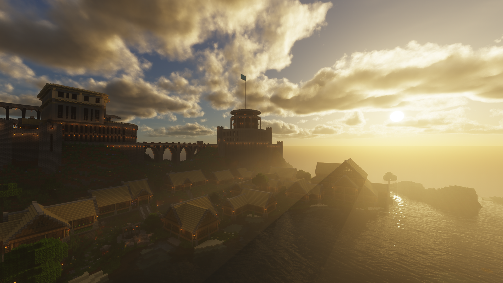 Minecraft Building Video Games Shaders Sun Rays CGi Sky Clouds Water Castle 1920x1080