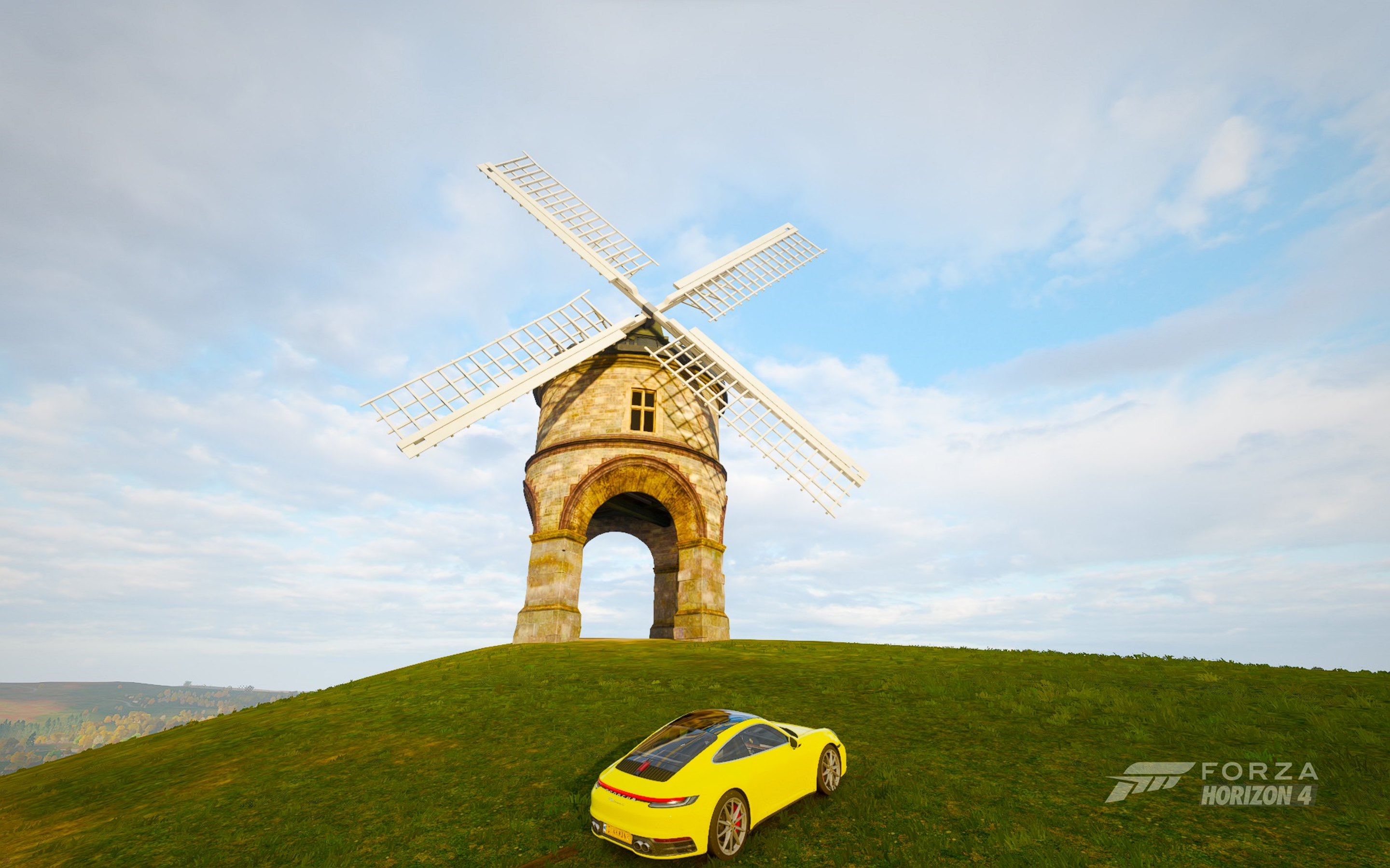 Forza Horizon 4 PORSCHE911 Video Games Car Windmill Clouds Sky Logo 2880x1800