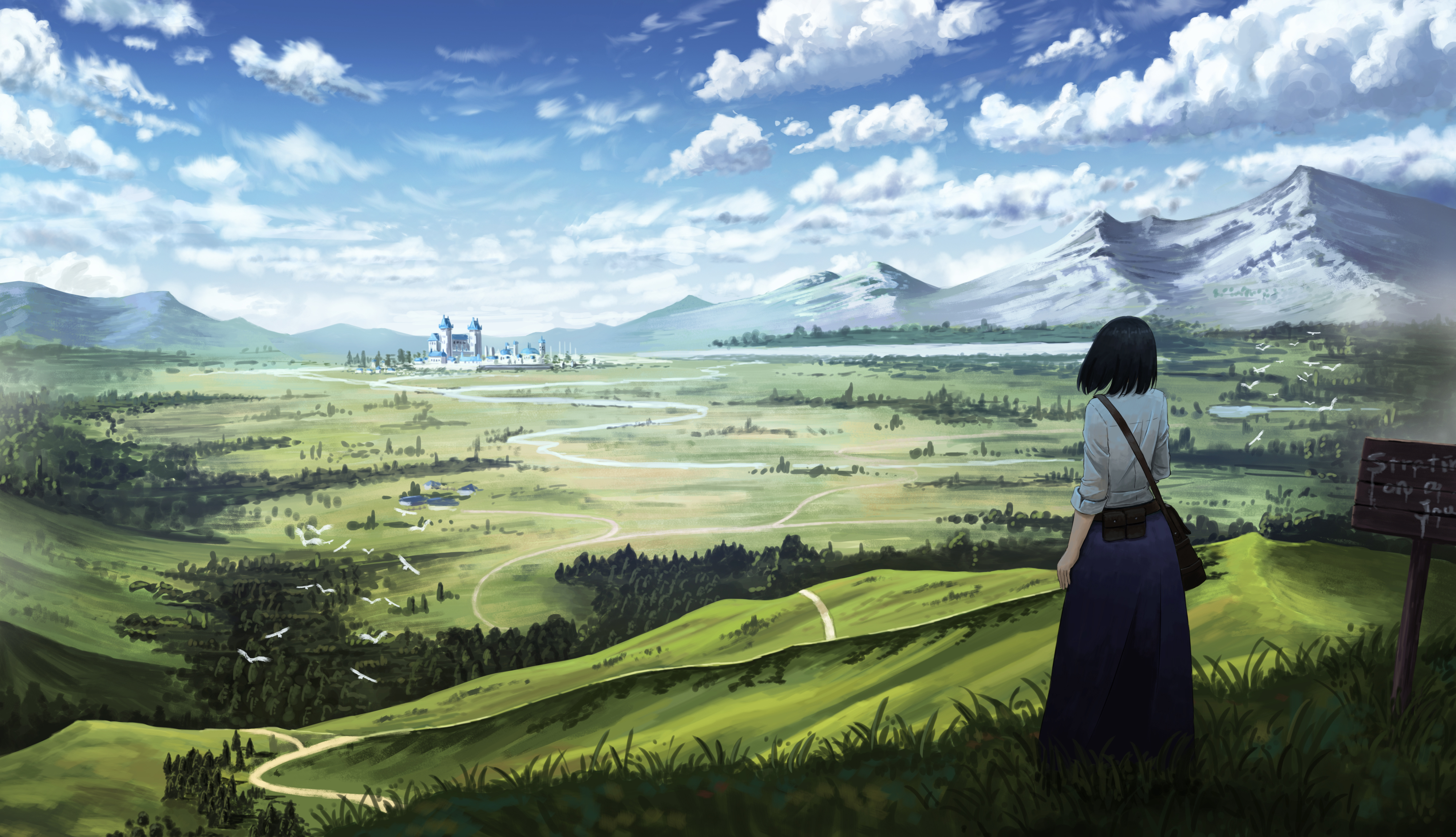 Anime Girls Grass Snowy Peak Sky Clouds Landscape Green Standing Short Hair Bag Looking Into The Dis 4000x2300