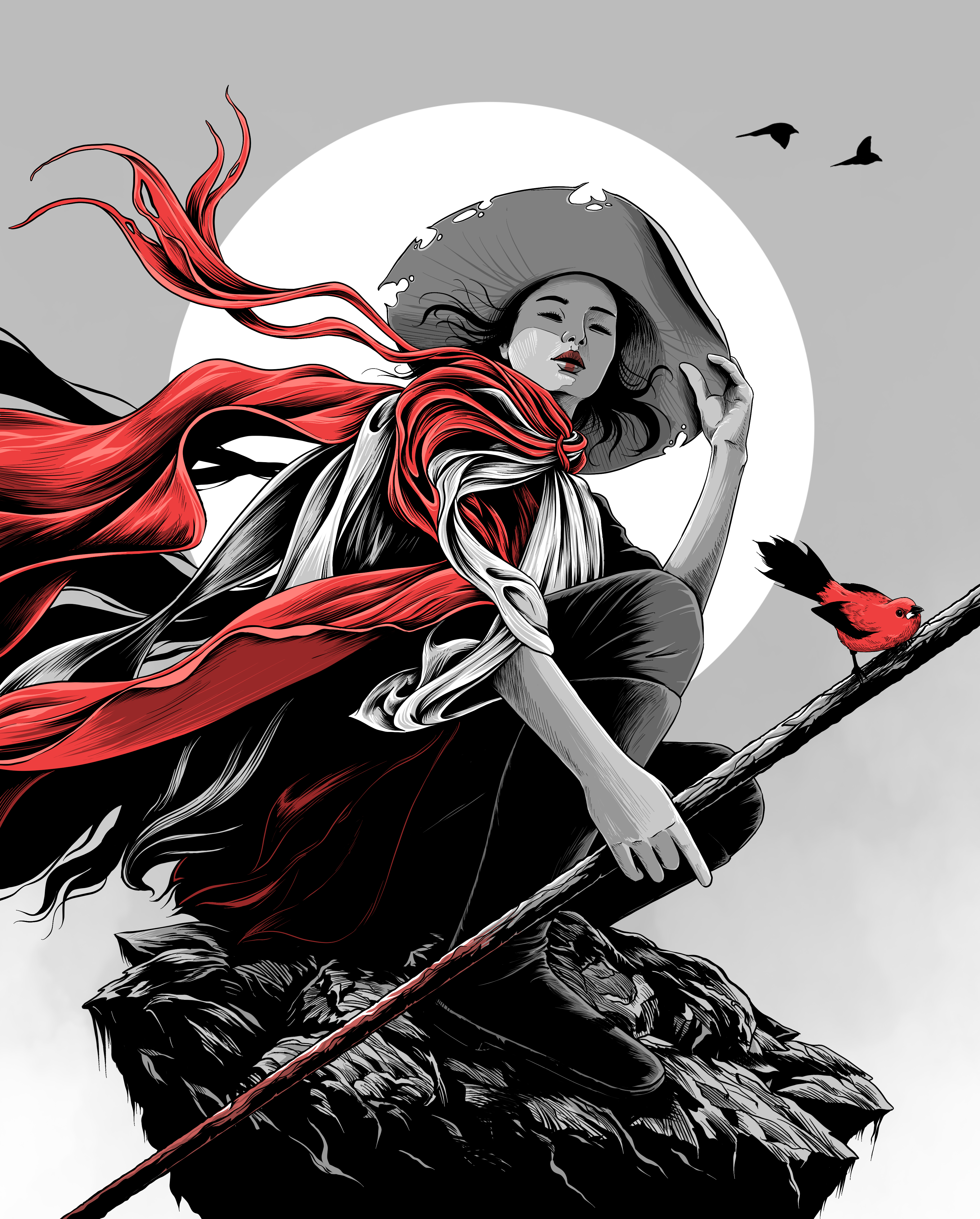 Digital Digital Art Artwork Illustration Portrait Women Black Red Abstract Drawing Sun Birds 3700x4600