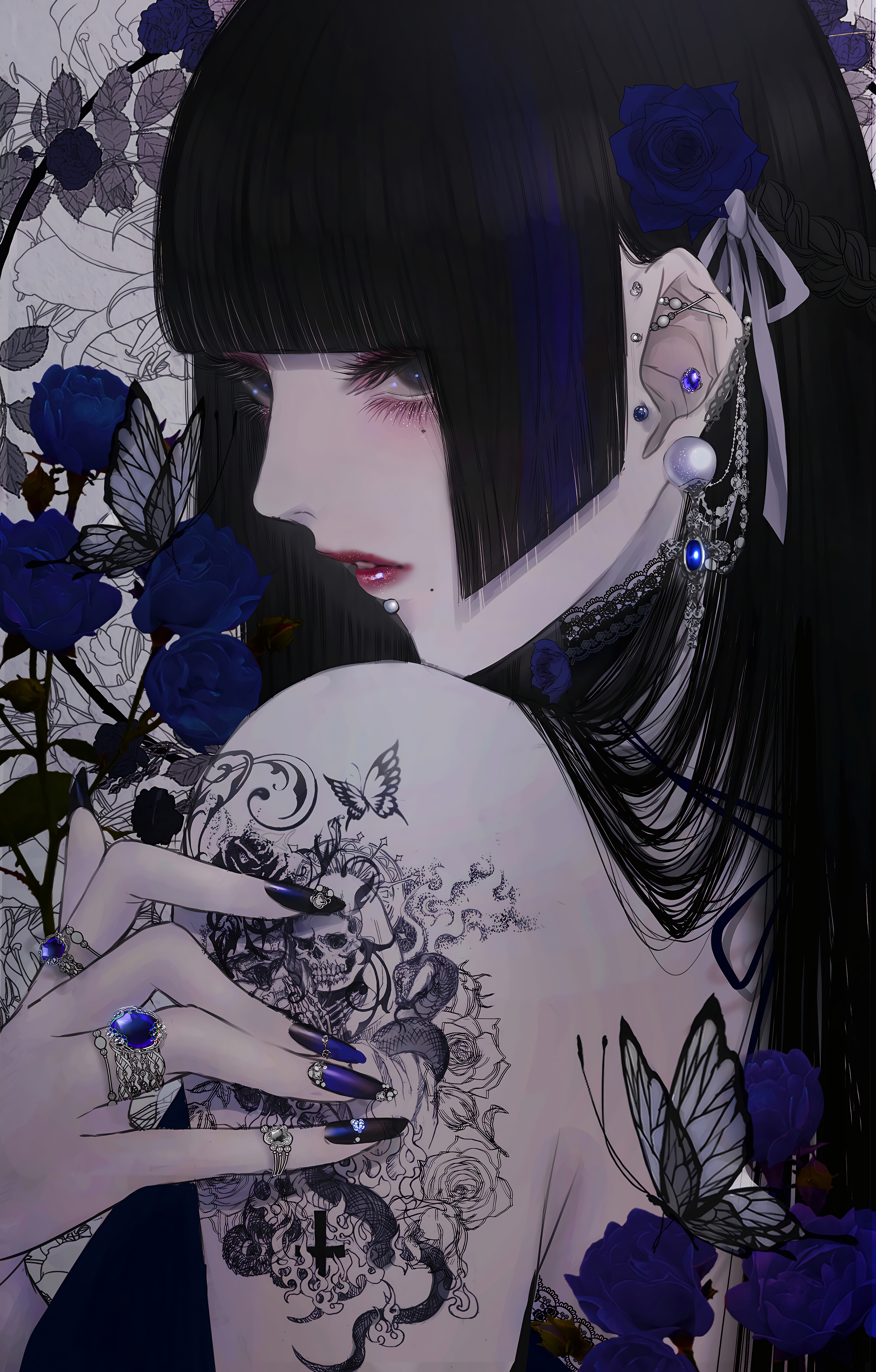Anime Anime Girls Portrait Display Tattoo Long Hair Earring Looking At Viewer Rings Jewelry Painted  4500x7044