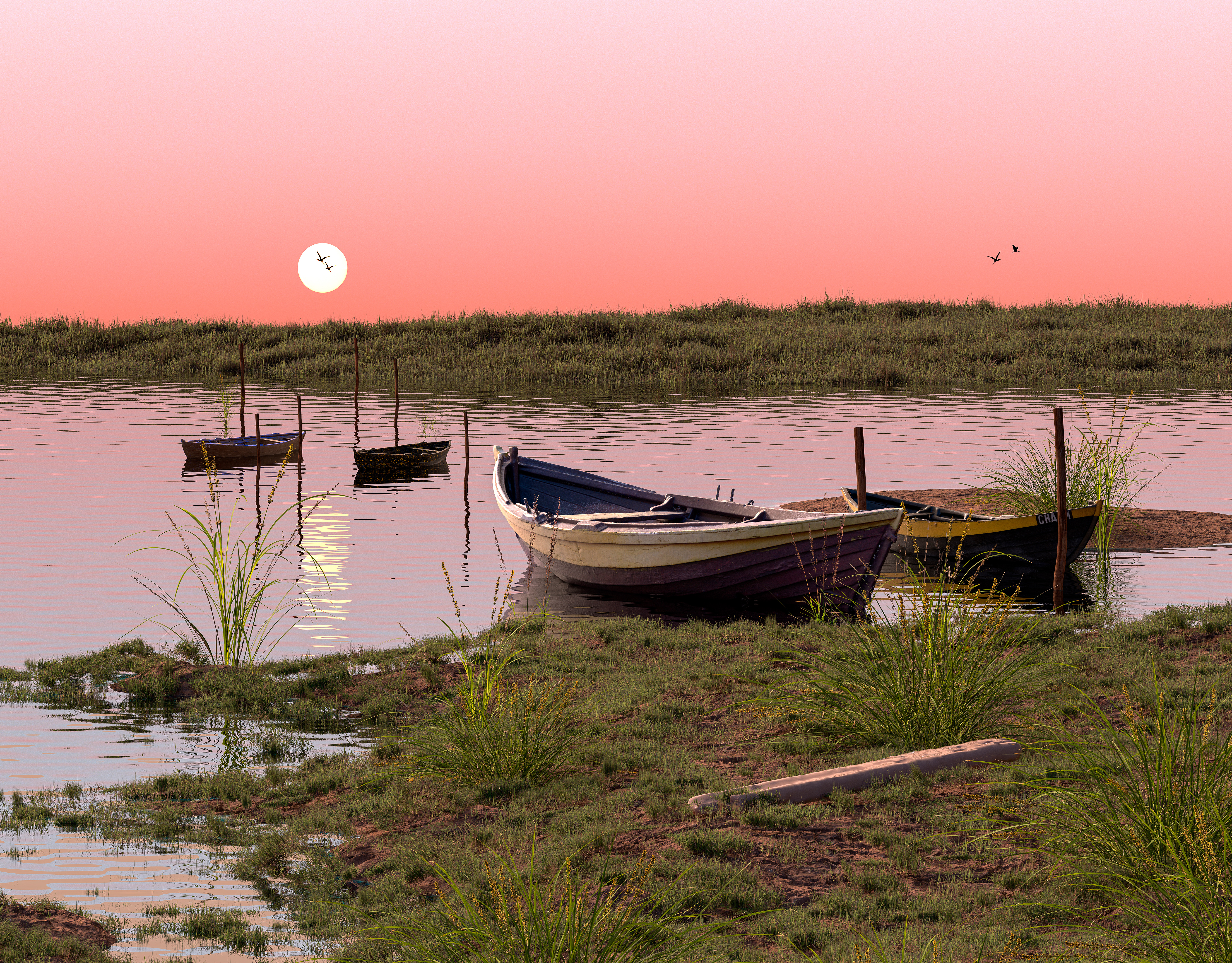 Digital Digital Art Artwork Illustration Calm Nature Sunset Landscape River Render Sky Summer Boat 5440x4251