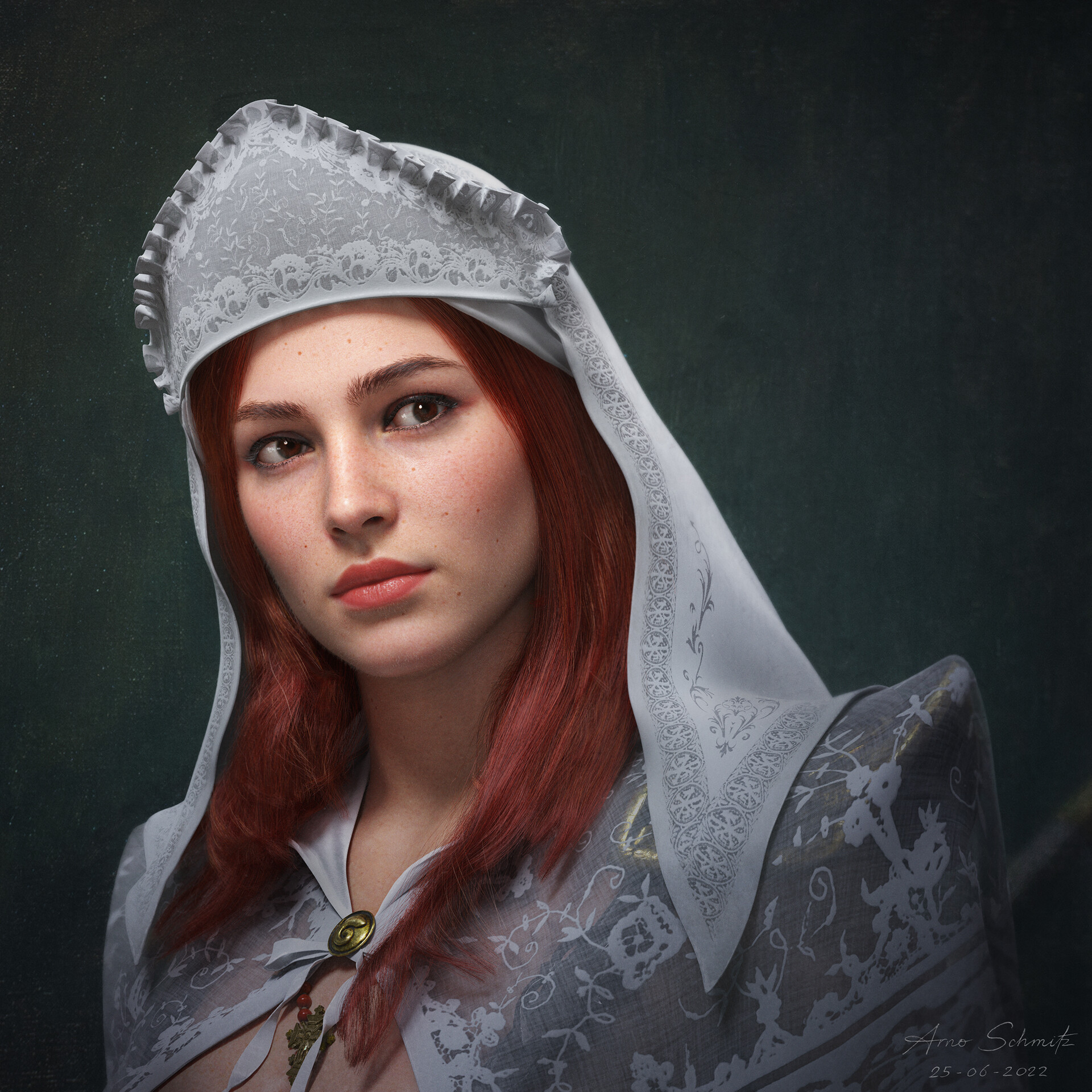 Arno Schmitz CGi Women Redhead Cleric Veils White Clothing Brown Eyes Looking Away Freckles Simple B 1920x1920