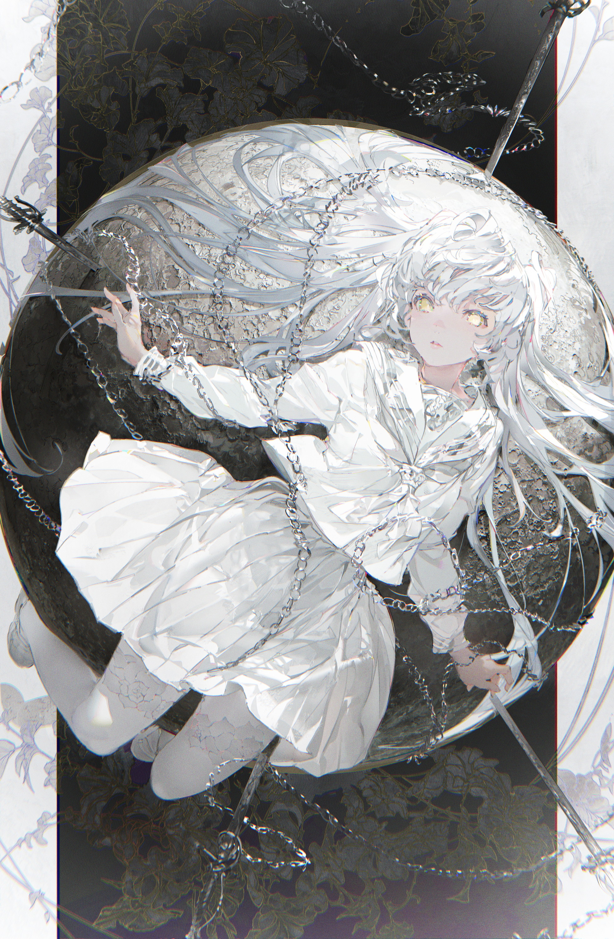 Taiki Anime Anime Girls White Hair Long Hair Globes Flying 1961x3000