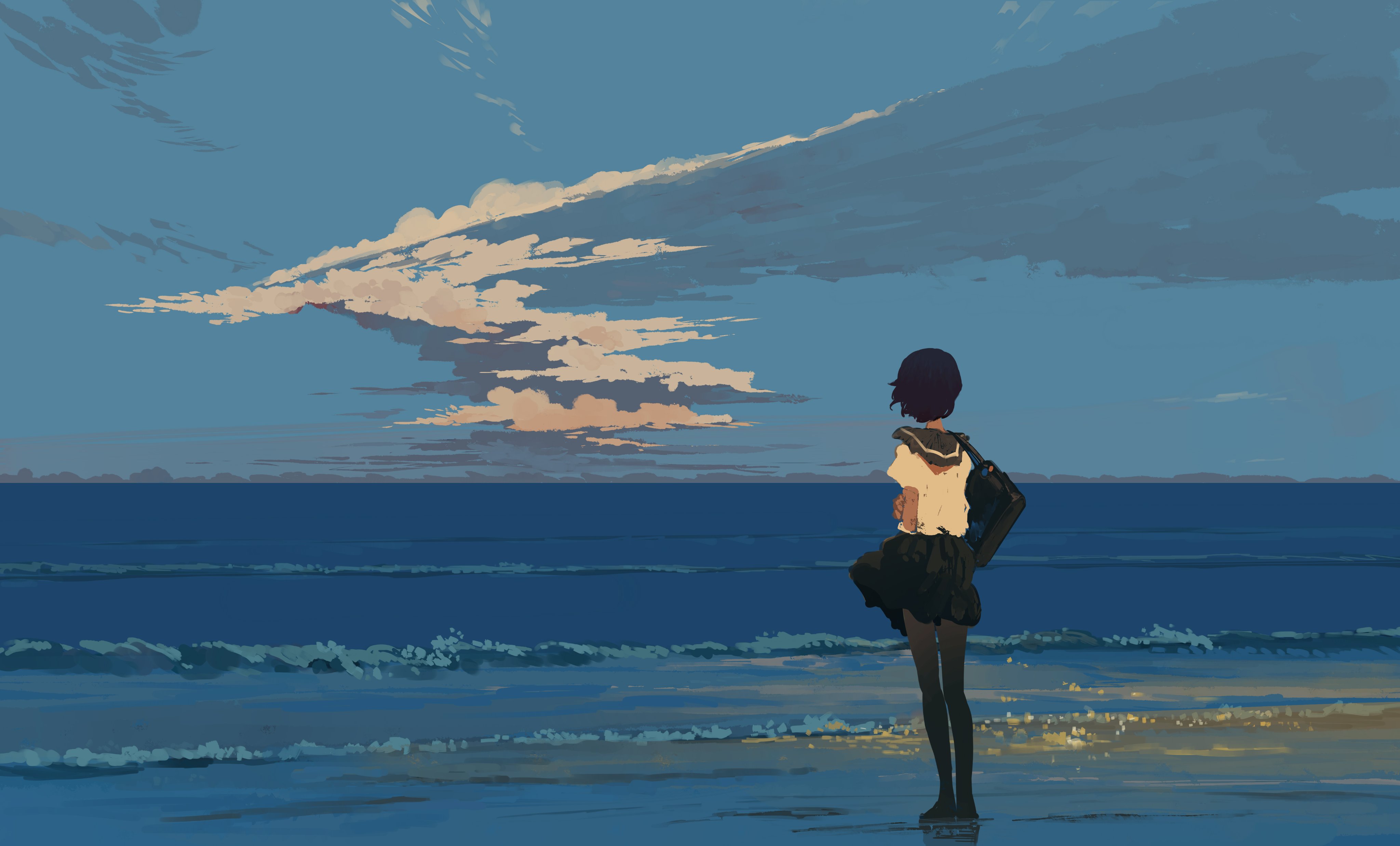 School Uniform Beach Seashore Sunset Peaceful Waves Bangjoy Schoolgirl Standing Water Clouds Sky 4096x2477