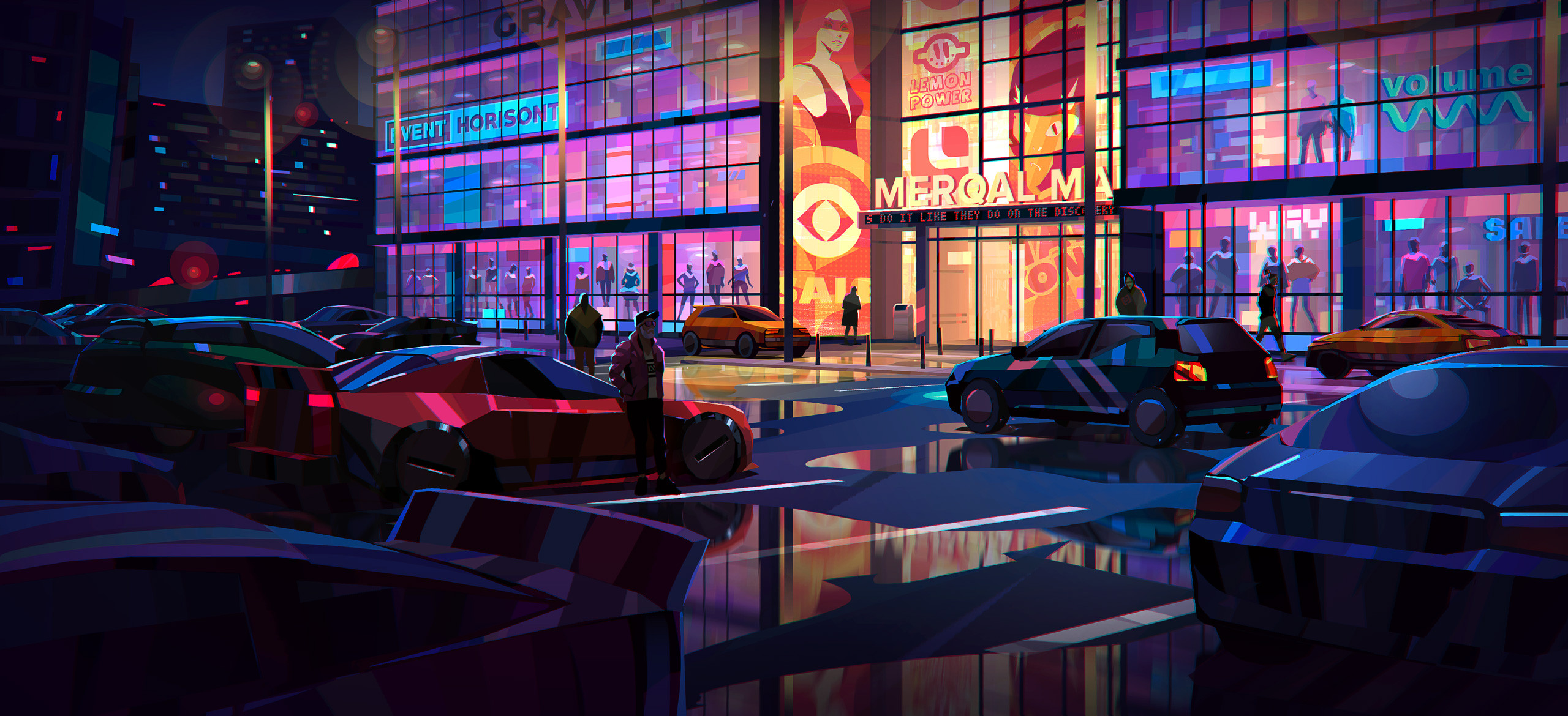 Digital Art Artwork Illustration City Cityscape Night Vehicle Reflection Lights Architecture Car Bui 2560x1170