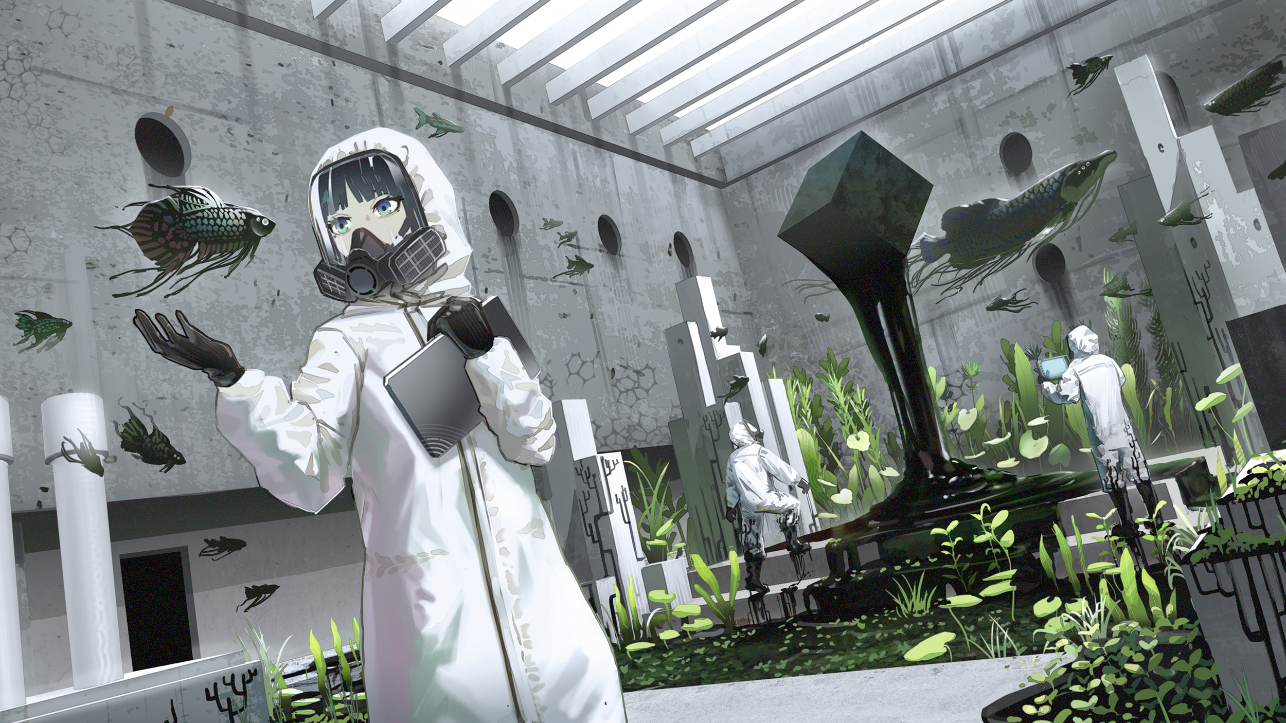 Anime Fish Fantasy Architecture Anime Girls Protective Suit Black Hair Tablet 2500x1406