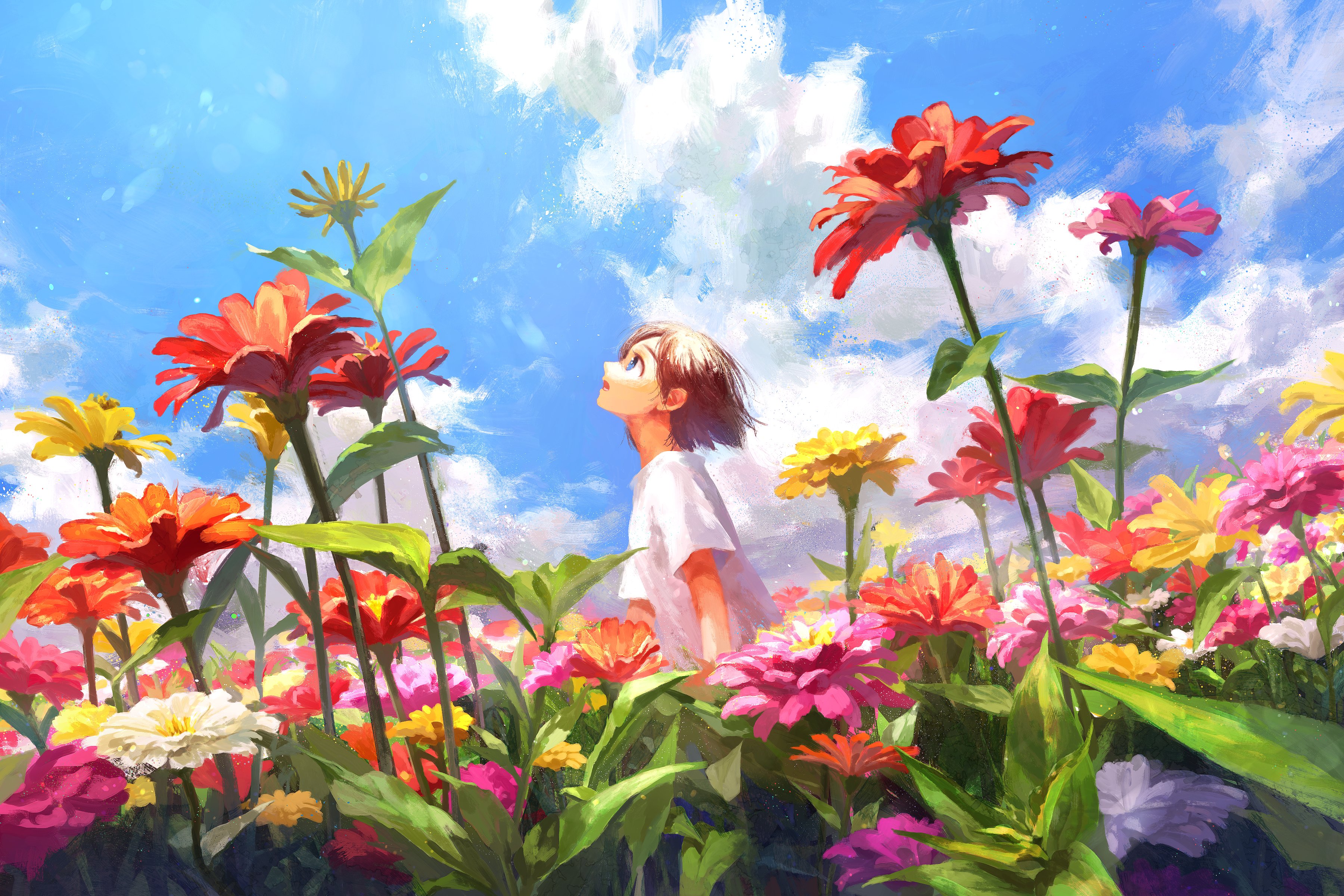 Omocheese Anime Solo Flowers Clear Sky Colorful Clouds Open Mouth Standing Nature 3600x2400