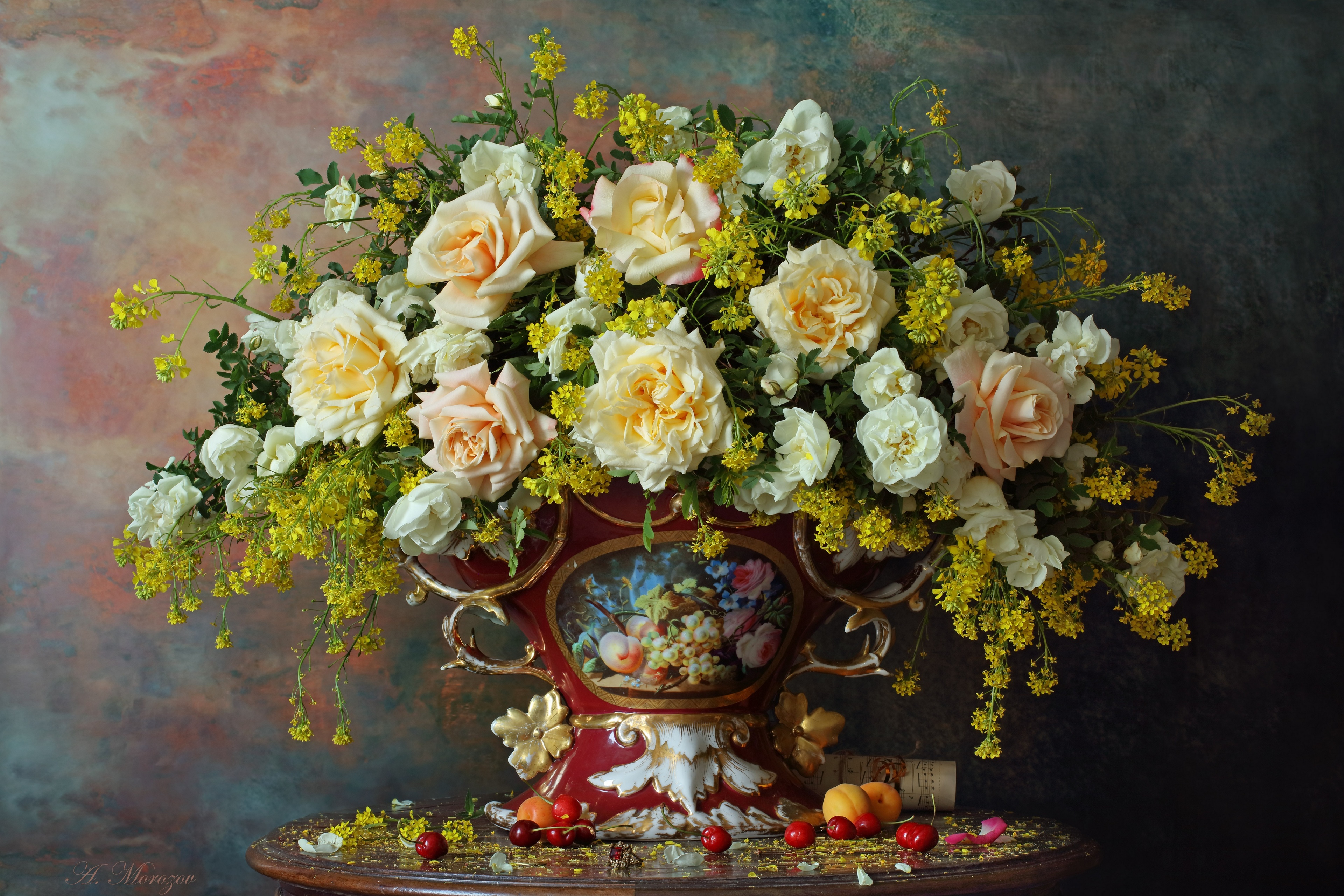 Still Life Flowers Vases Rose Fruit Cherries 3840x2560