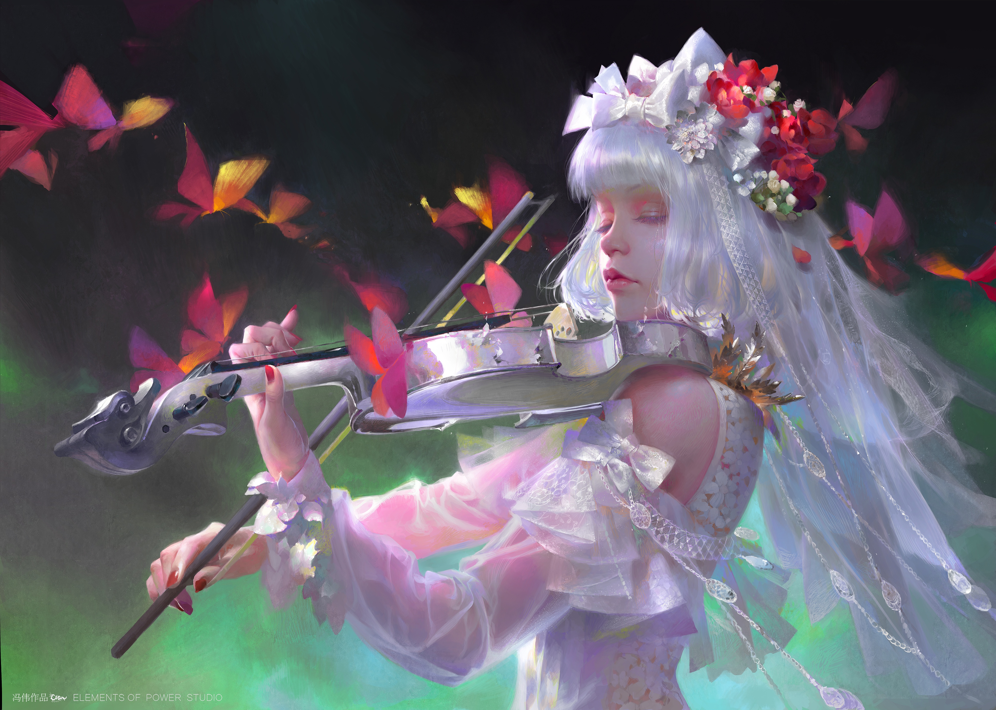 Closed Eyes White Hair Violin Musical Instrument Dress Flowers Feng Wei 4000x2851