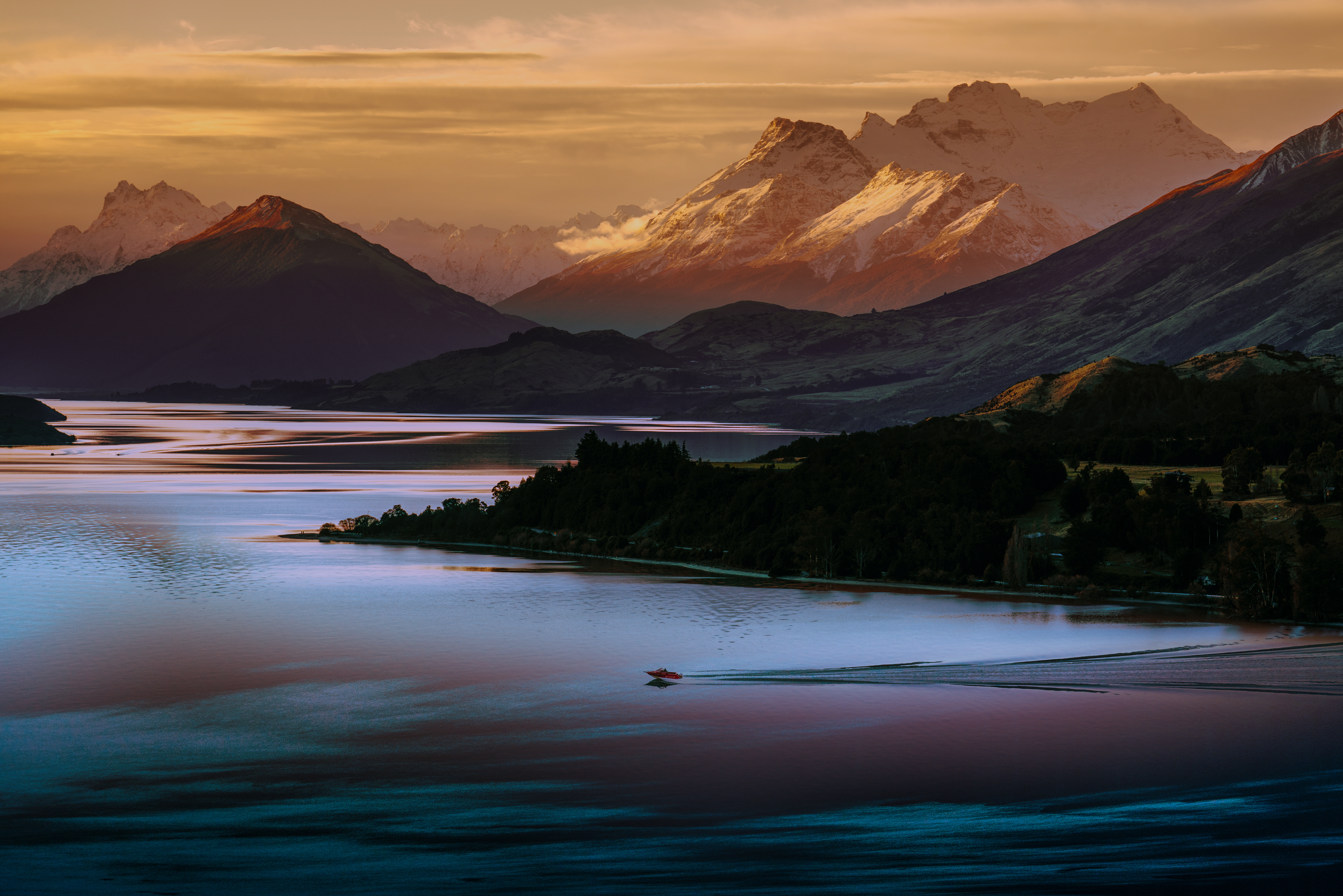 New Zealand Queenstown Lake Nature Landscape Mountains Sunset Photography Forest Trees Water 7157x4775