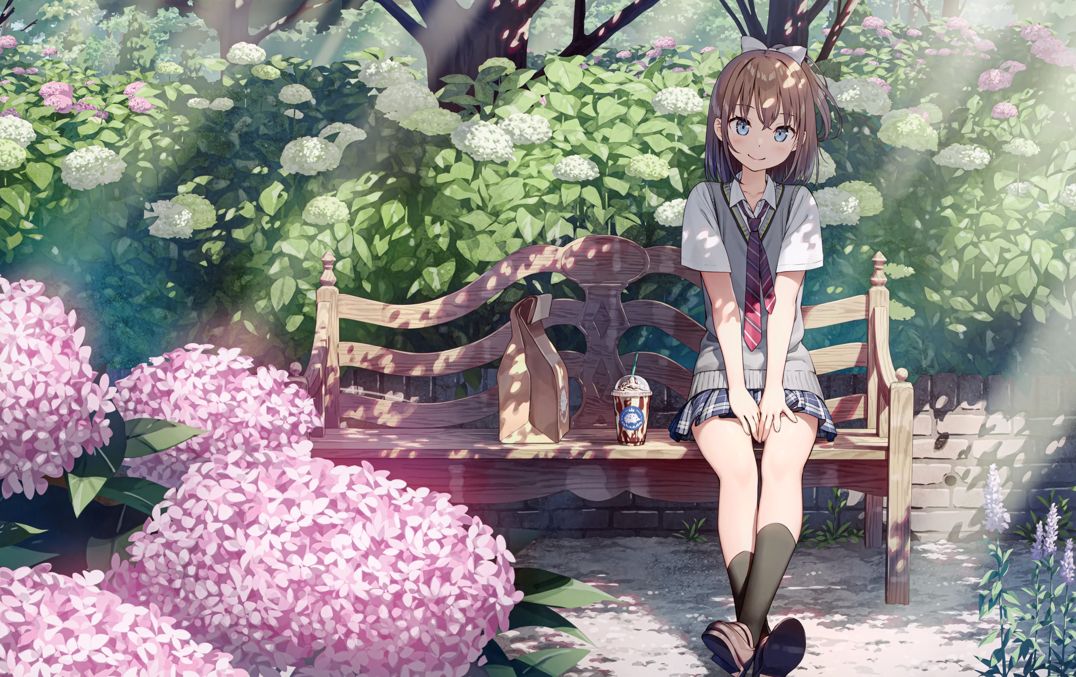 Anime Girls Kantoku Schoolgirl School Uniform Sitting On Bench Smiling Feet Crossed Looking At Viewe 3500x2203