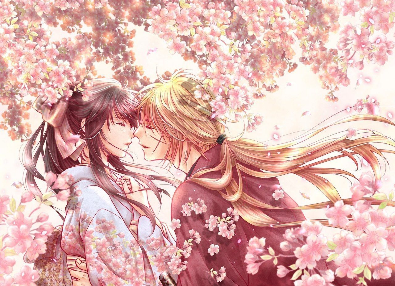 Himura Kenshin Rurouni Kenshin Kamiya Kaoru Anime Anime Boys Anime Girls Long Hair Kimono Petals Flo 1280x927