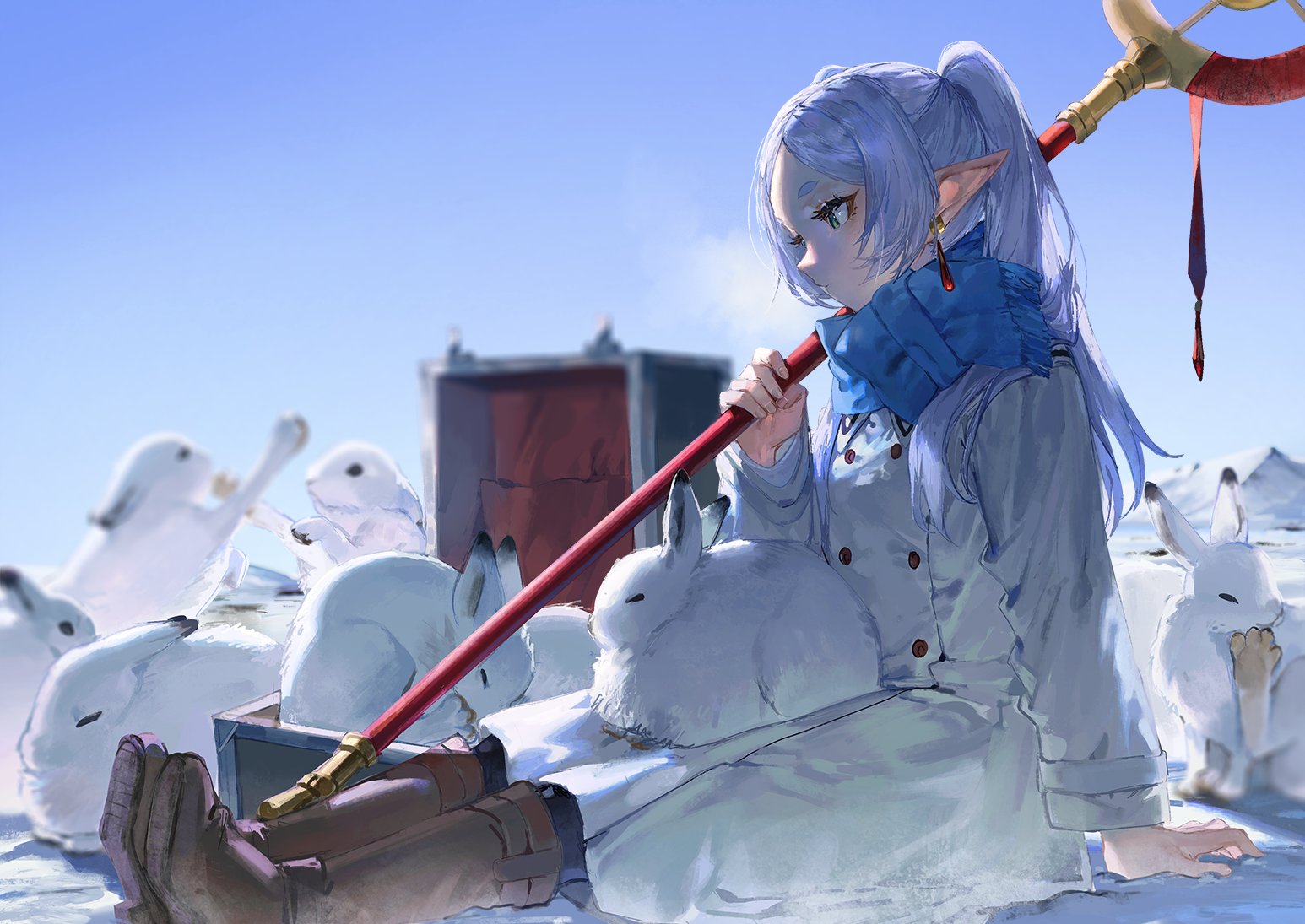 Sousou No Frieren Rabbits Anime Girls White Coat Frieren Simple Background Clear Sky Long Sleeves Pr 1546x1095