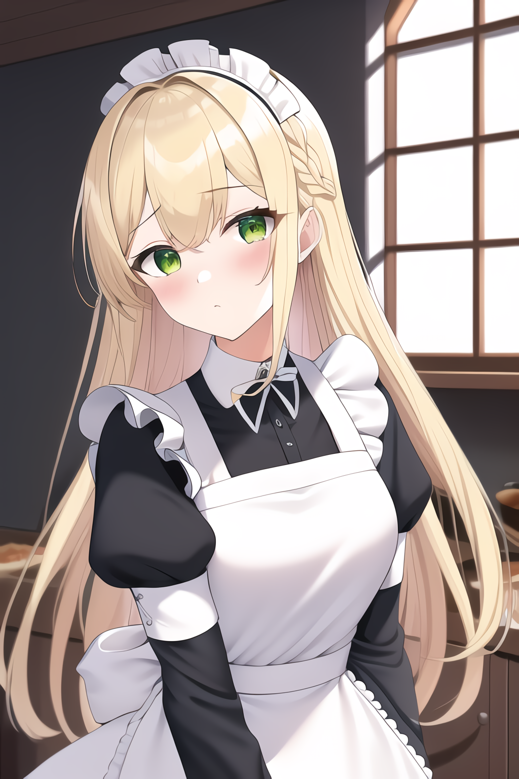 Ai Generated Anime Girls Long Hair Blonde Green Eyes Maid Maid Outfit Embarrassed Portrait