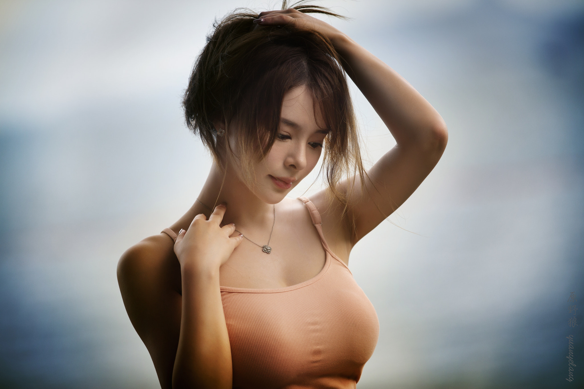 Yuan Yelang Women Asian Brunette Holding Hair Looking Below Tank Top Necklace Pink Clothing Simple B 2048x1365