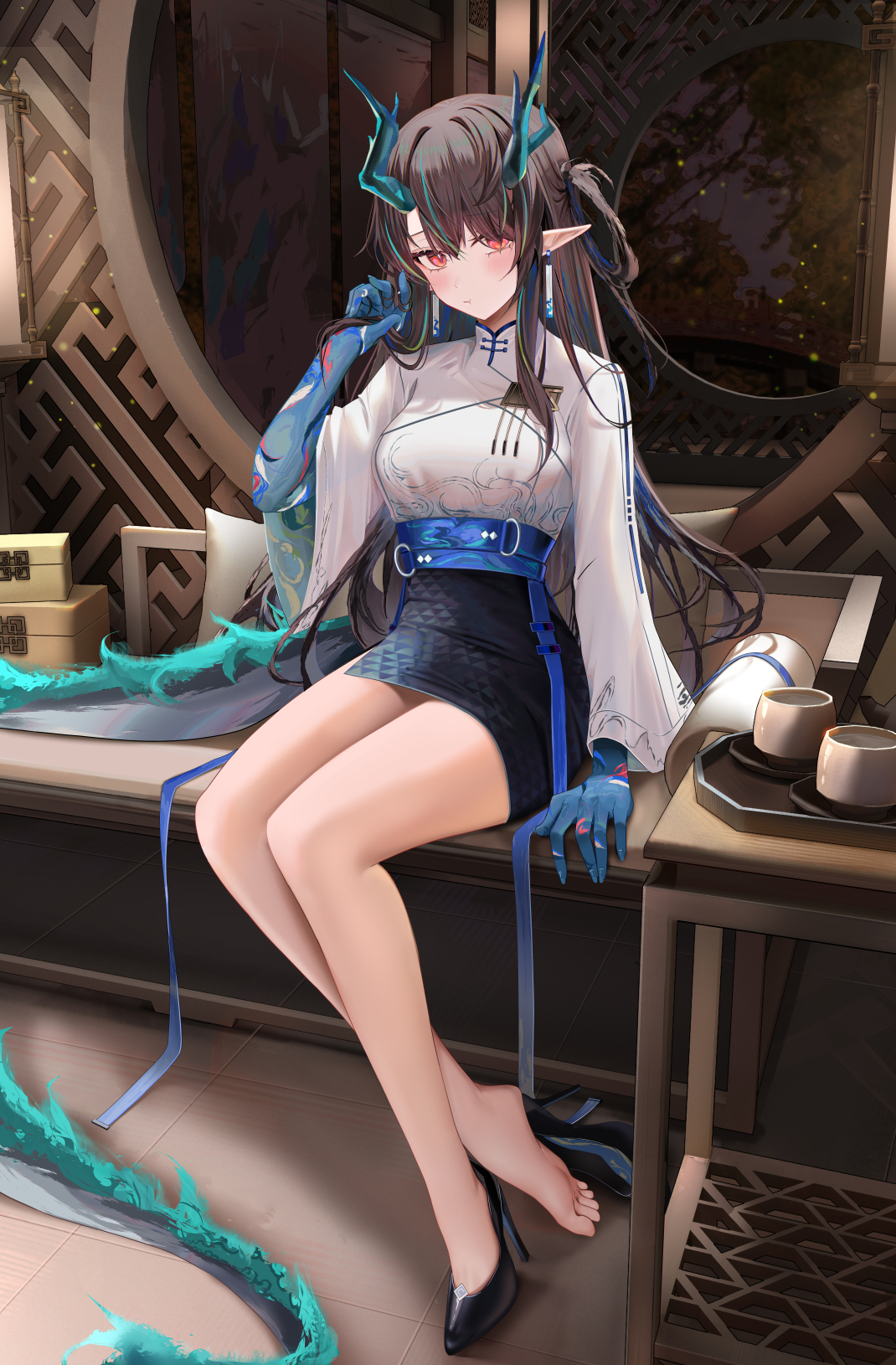 Arknights Ru Zhai Dusk Arknights Tail Anime Girls Blue Dress Chinese Clothing Chinese Dress Pouting  1070x1630