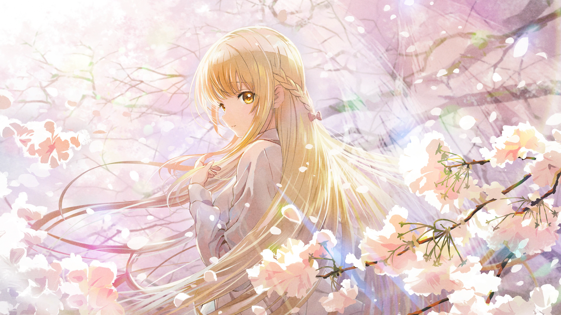 Anime Girls Mahiru Shiina Yellow Eyes Blonde Nature Flowers Petals Braided Hair Long Hair Looking At 1920x1080