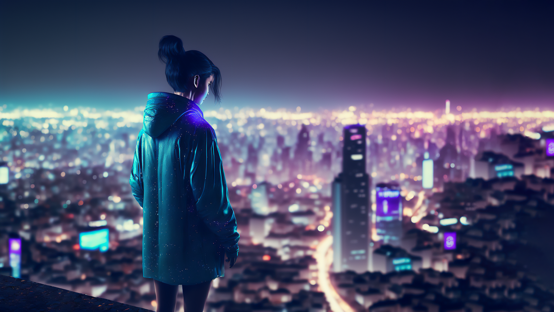 Ai Art Illustration Cyberpunk Women Rooftop City Night Hooded Jacket City Lights 1920x1080