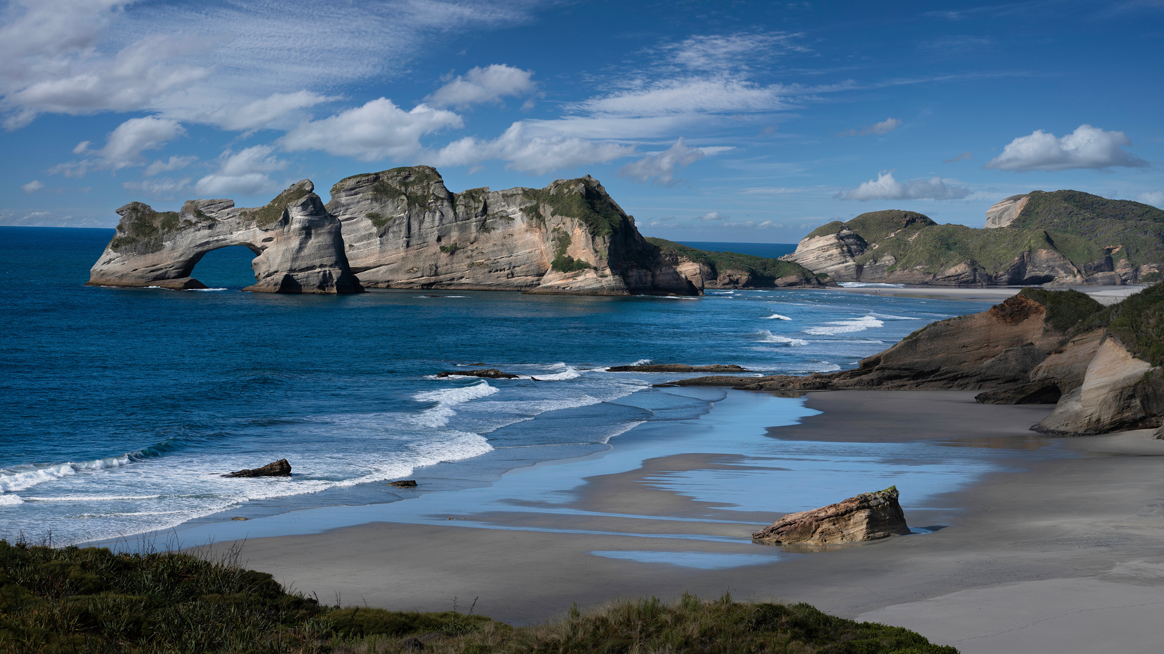 Nature Landscape Sea Coast Rocks Rock Formation Arch Sky New Zealand Clouds Wharariki Beach Waves Wa 3840x2160