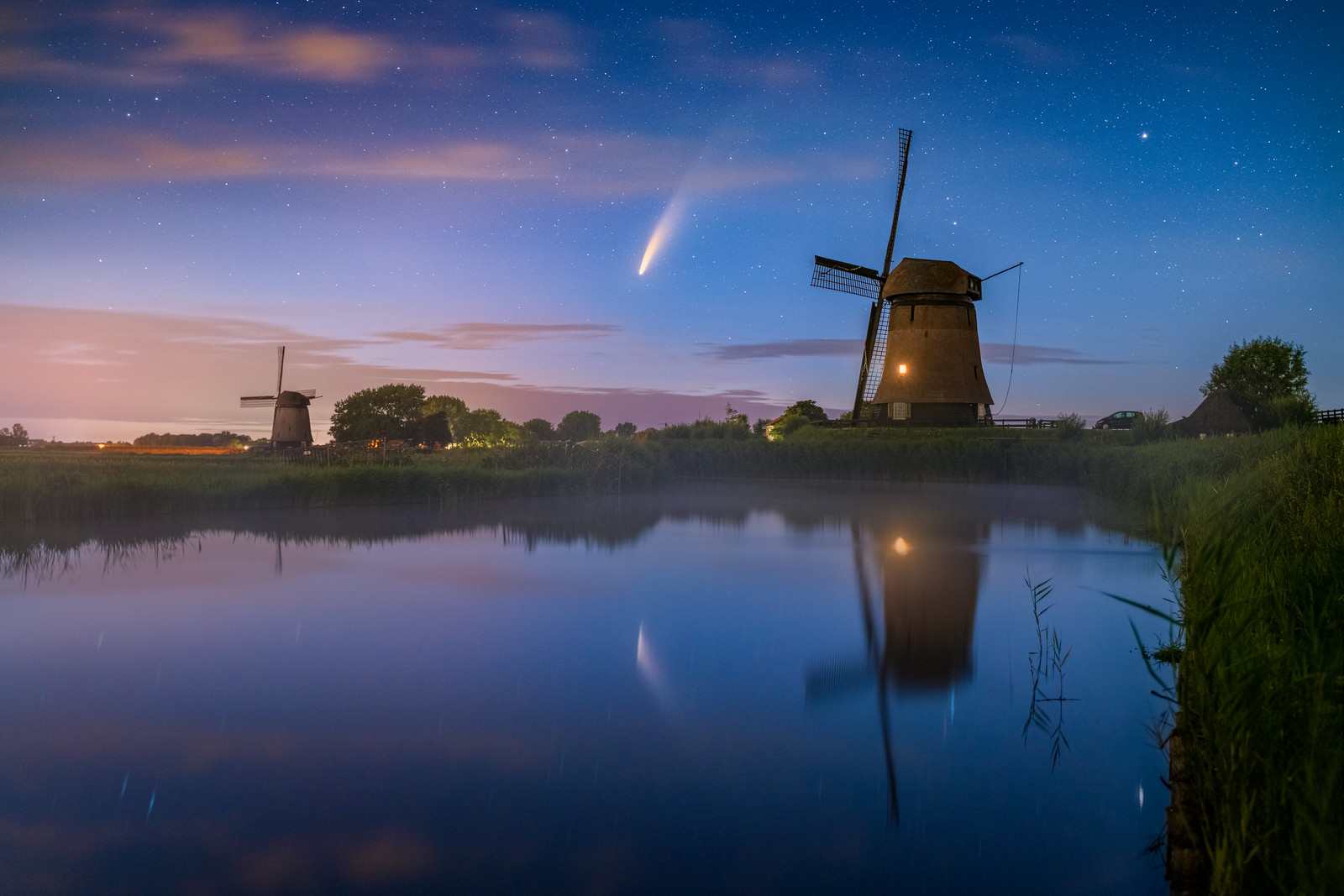 Windmill Reflection Water Clouds Sunset Glow Stars 1600x1067