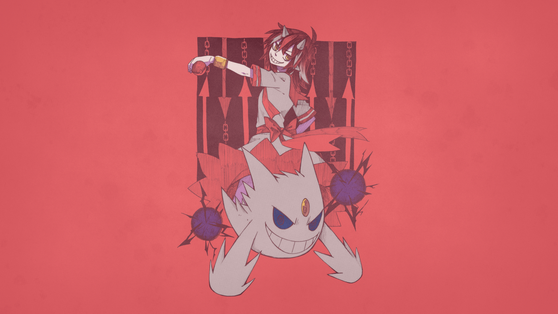Gengar Pokemon Anime Girls Poke Ball Red Background Simple Background Horns 1920x1080