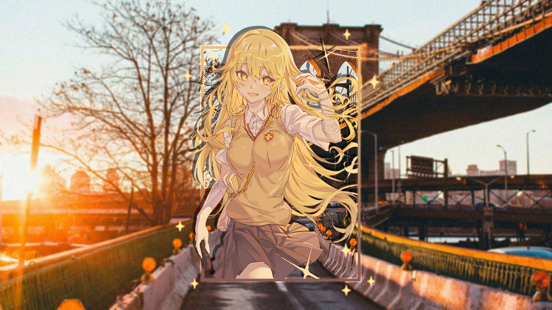 Shokuhou Misaki To Aru Kagaku No Railgun Anime Girls Bridge Picture In Picture Blonde Sunset Sunset  1920x1080