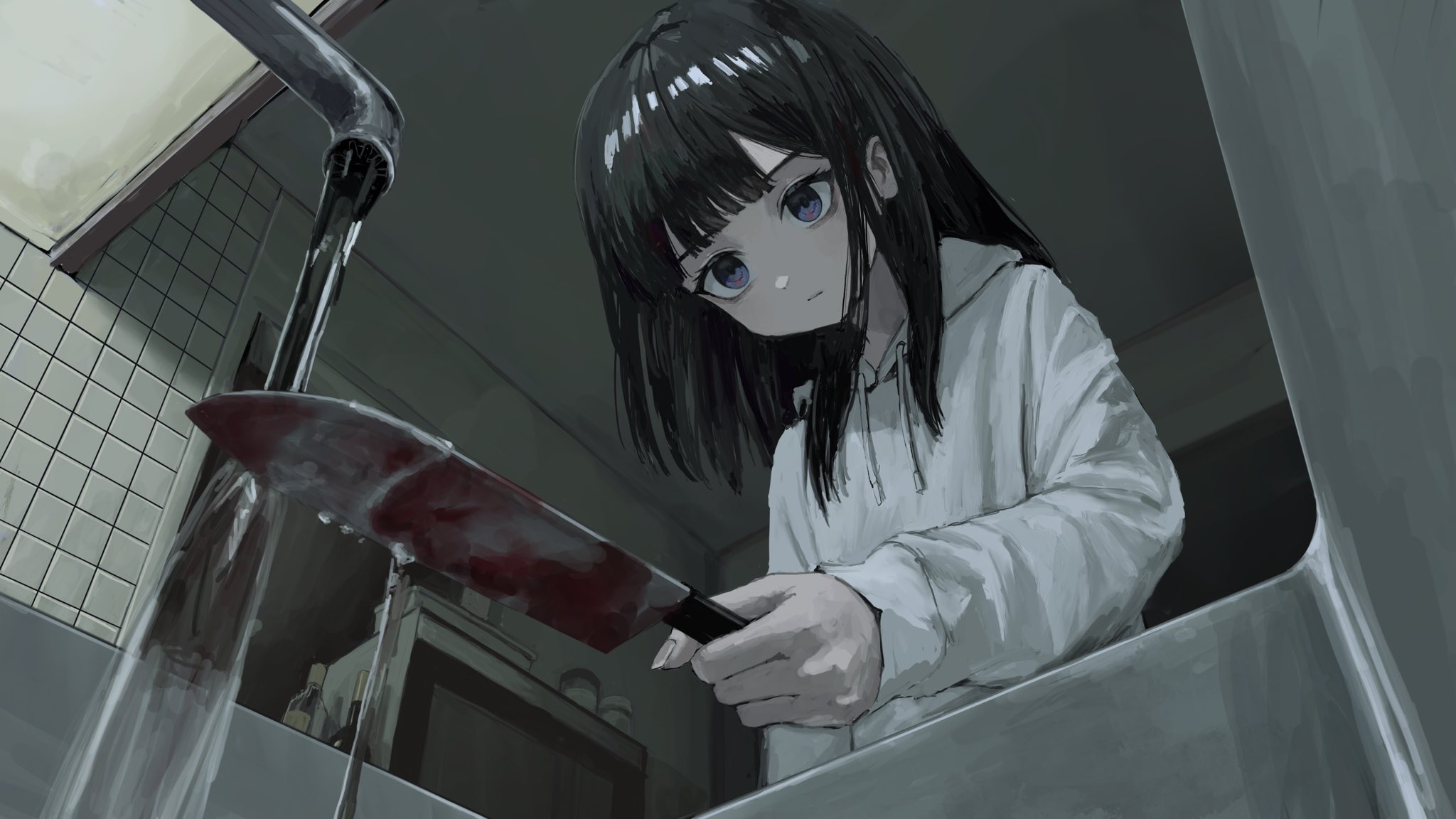 Anime Girls Knife Sink Creepy Water Long Hair Hoods 2048x1152