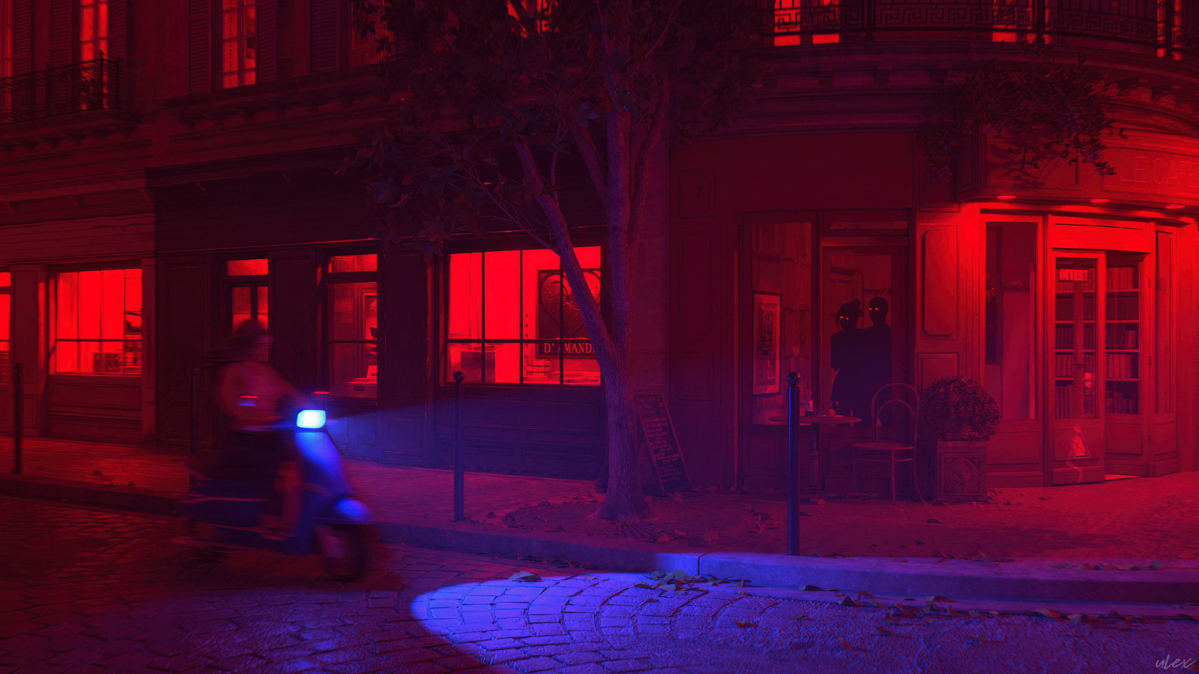 CGi Digital Art 3D Environment Paris Neon Mopeds Street Cobblestone Building Motion Blur Glowing Eye 3840x2160