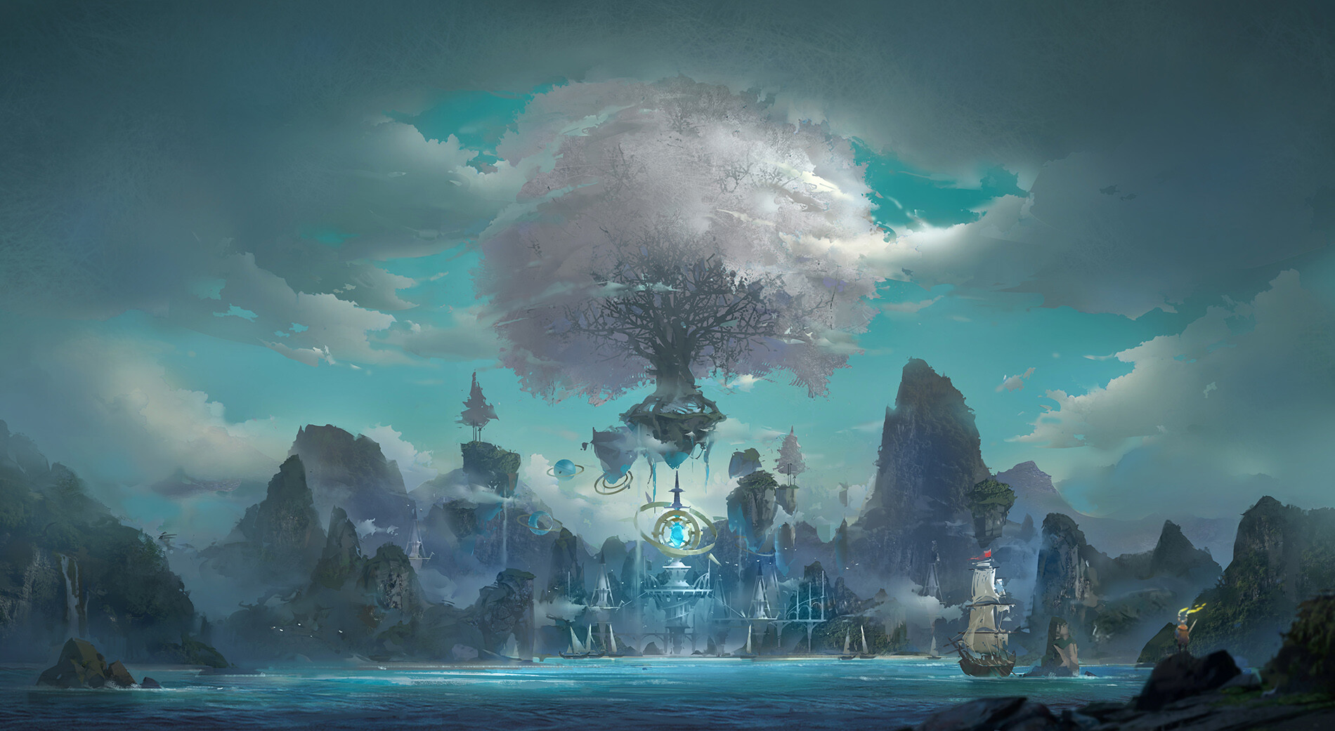 Digital Art Fantasy Art 3 LY Studio Trees Landscape Ship Fantasy Ship Floating 1900x1041