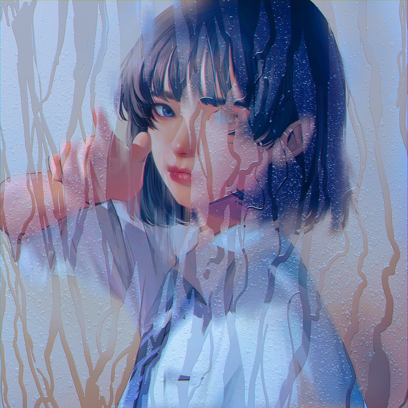 Anime Girls Foggy Window Artwork Digital Art 1352x1352