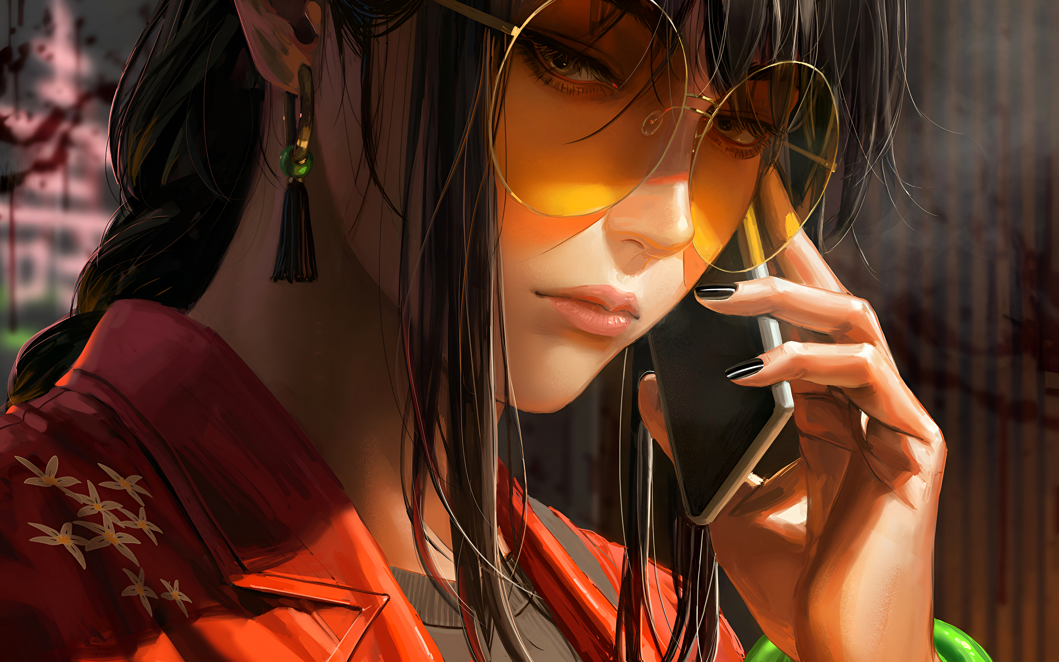 GUWEiZ Sunglasses Phone Side View Asian Digital Art Original Characters Women Face Earring Glasses 3600x2250