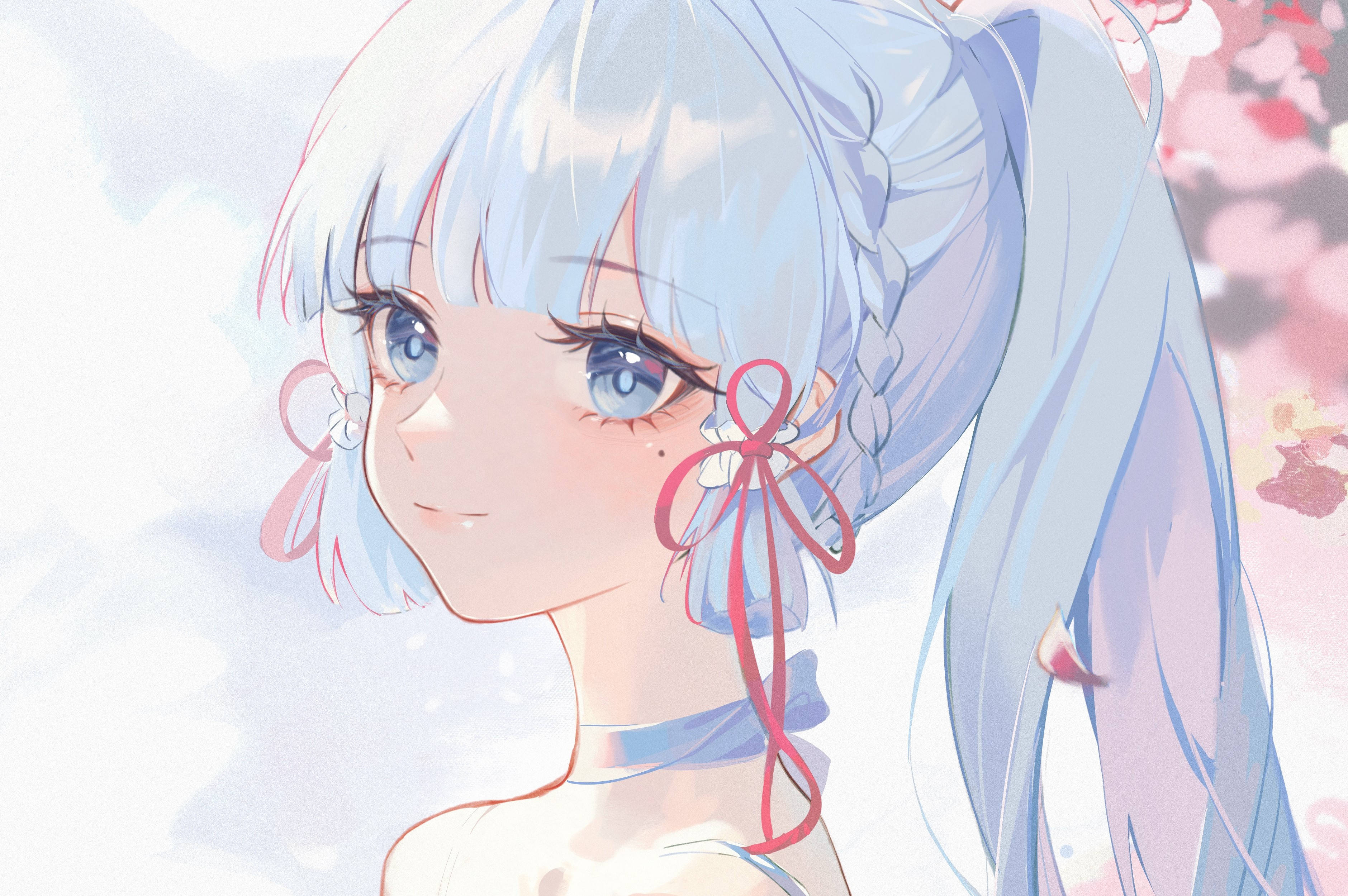 Kamisato Ayaka Genshin Impact Genshin Impact Anime Anime Girls Blue Eyes Blue Hair Smile Artwork 3760x2500