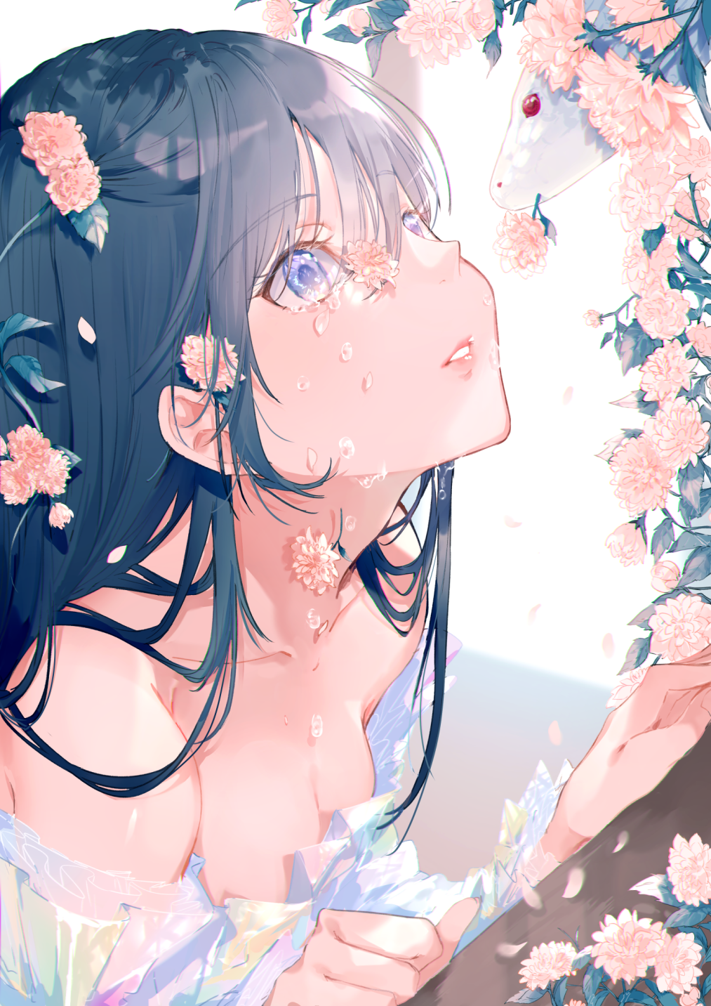 Anime Girls Miwano Ragu Pixiv Blue Eyes Tears Flowers Flower In Hair Petals Blue Hair 1013x1432