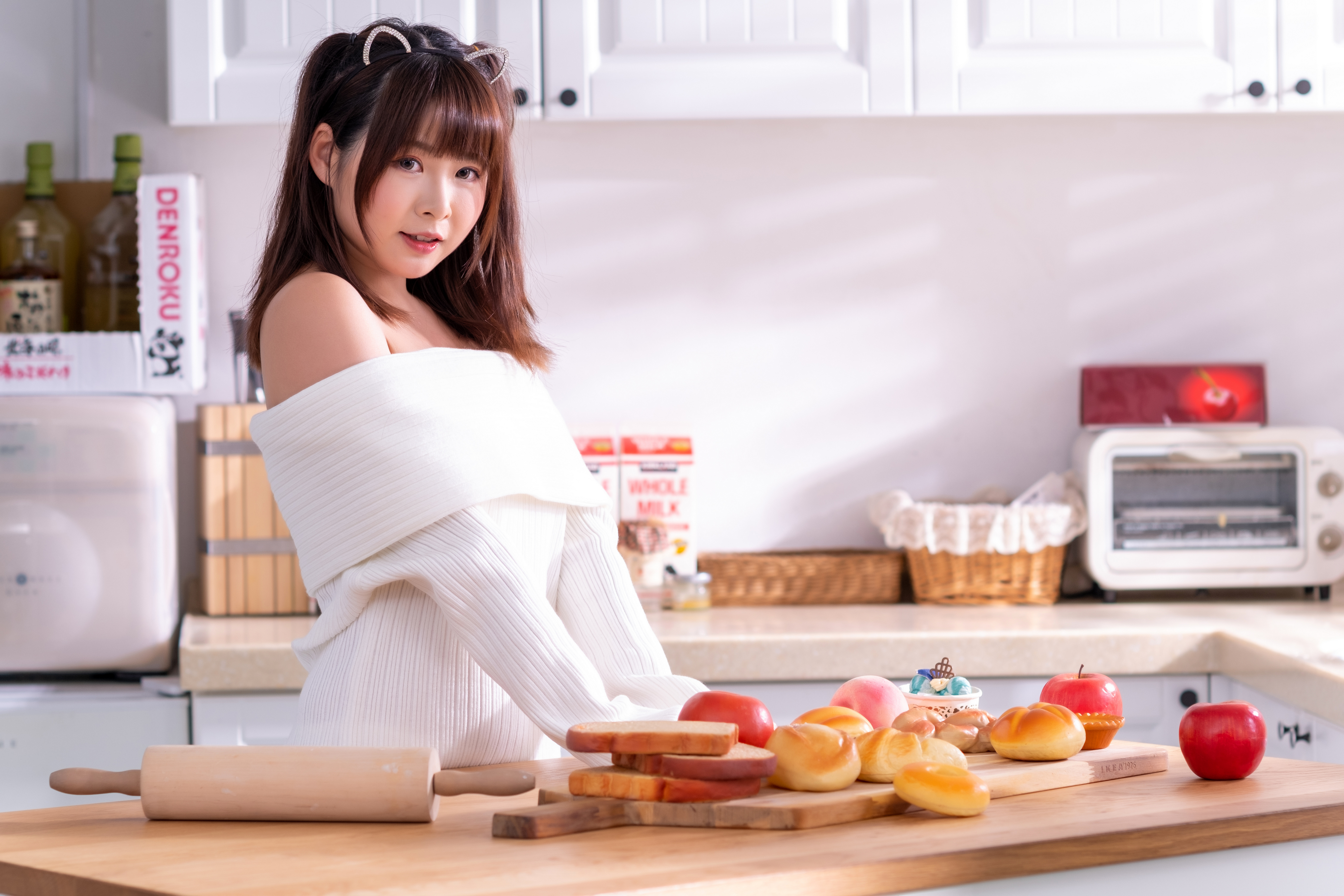 Asian Model Women Long Hair Dark Hair Kitchen Bread Apples Food 5120x3413