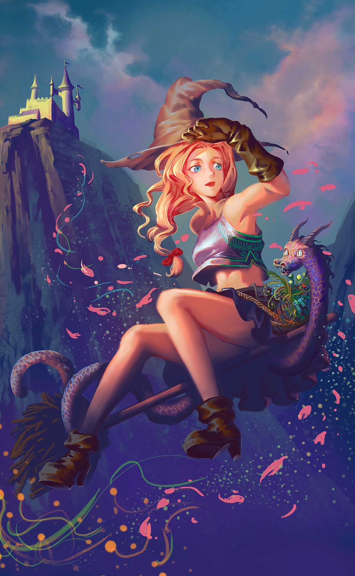 Yangmie Mieyi Witch Hat Hat Creature Petals Blonde Blue Eyes Fantasy Girl Fantasy Art 1200x1945
