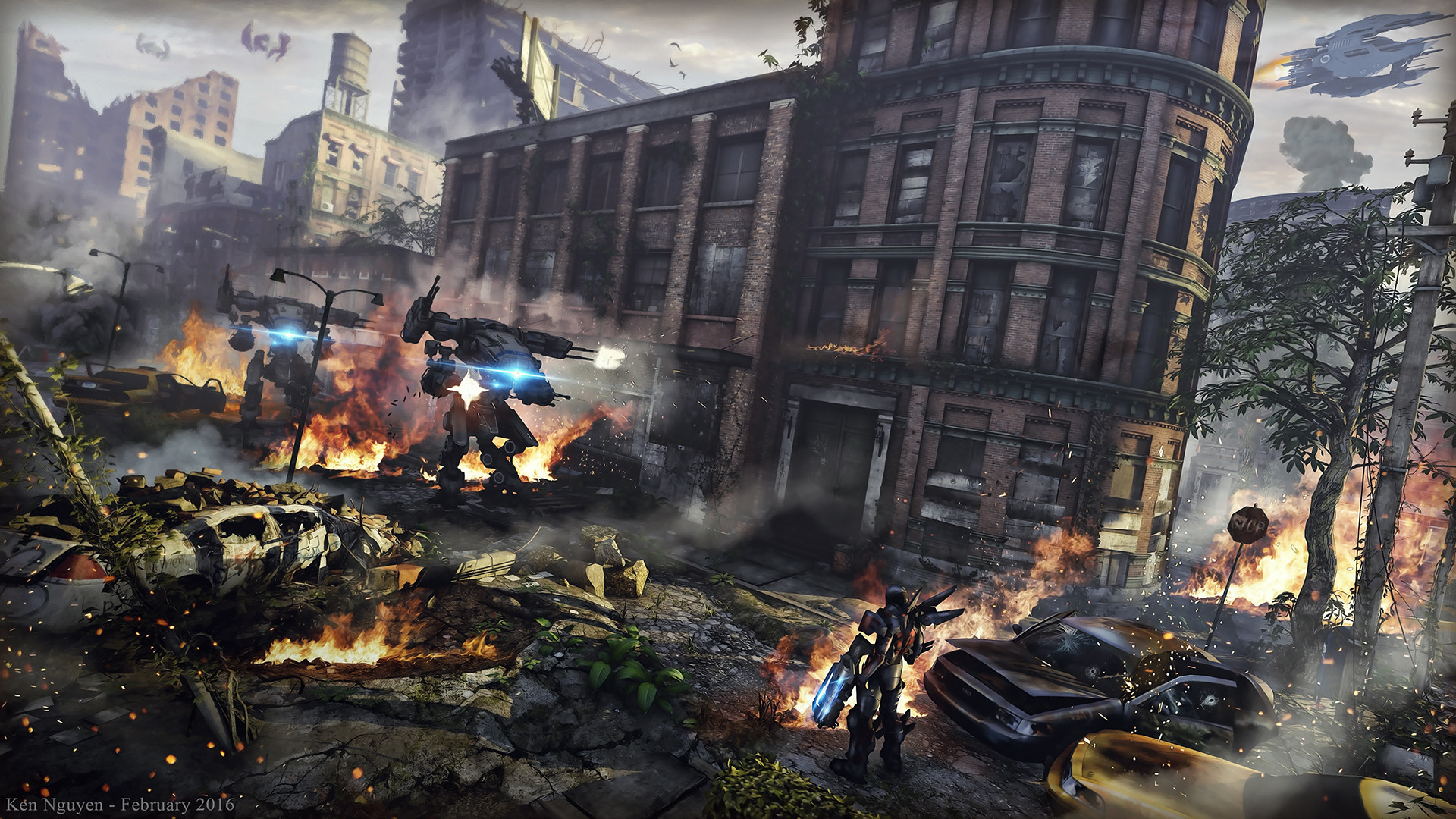 Science Fiction High Tech Aliens Fire City Debris Ruins Humanoid Battlesuit Drone Smoke 1920x1080