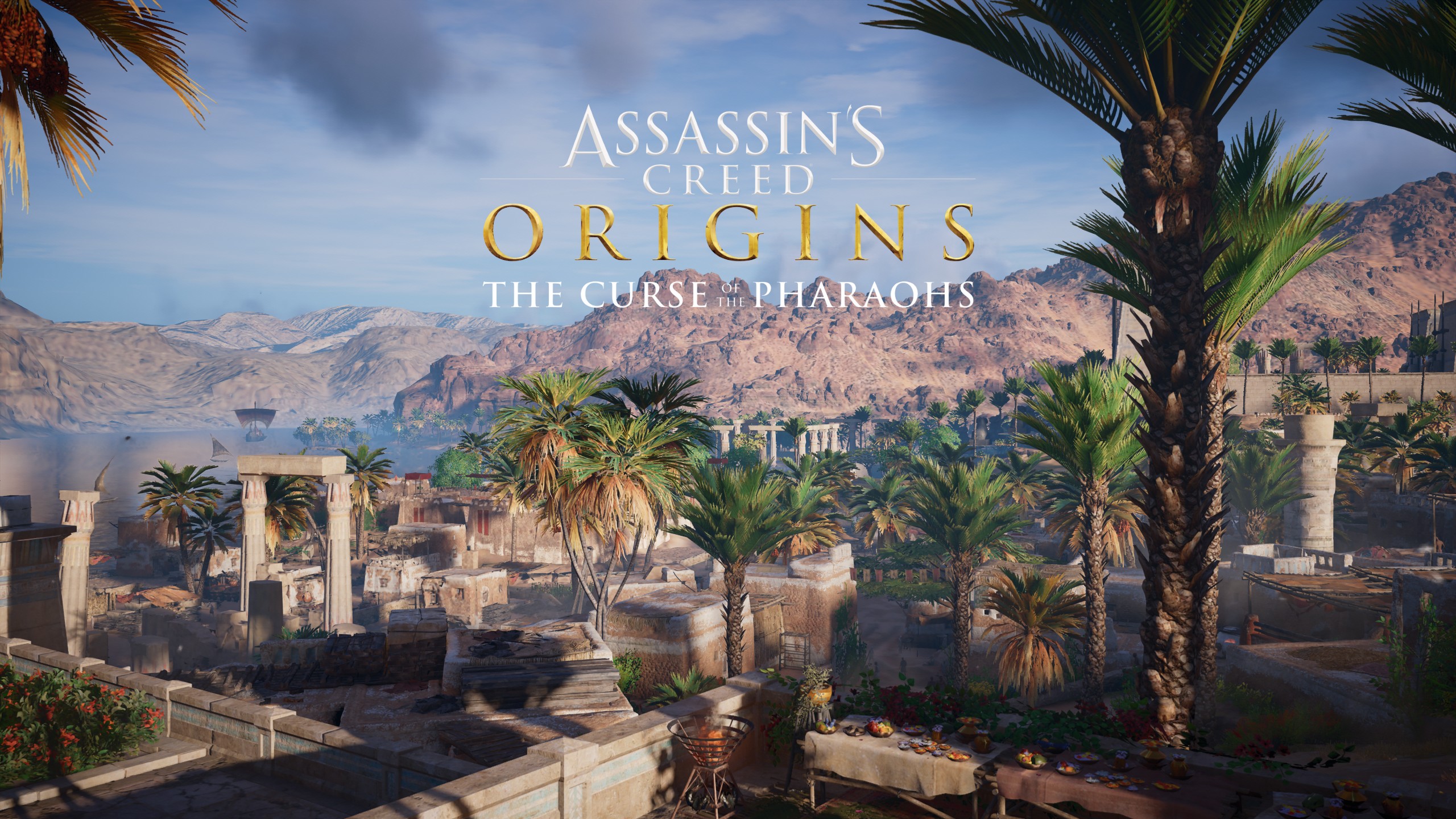 Assassin Creed Origins Title Assassins Creed Clouds Water Palm Trees Mountains Sky Table Fruit Fire  2560x1440