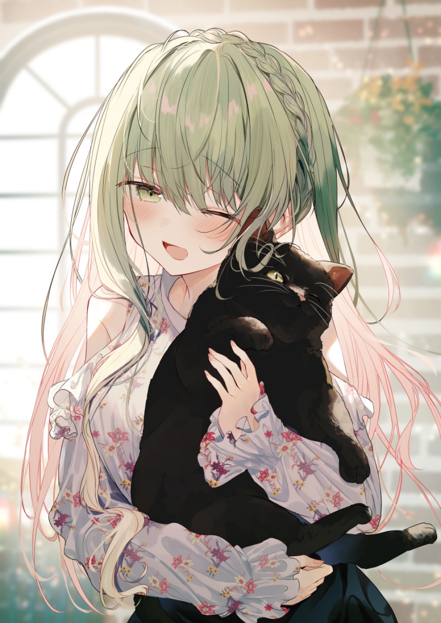 Black Cat Original Characters Anime Girls Portrait Display Cats One Eye Closed Blushing Long Hair Tw 906x1280