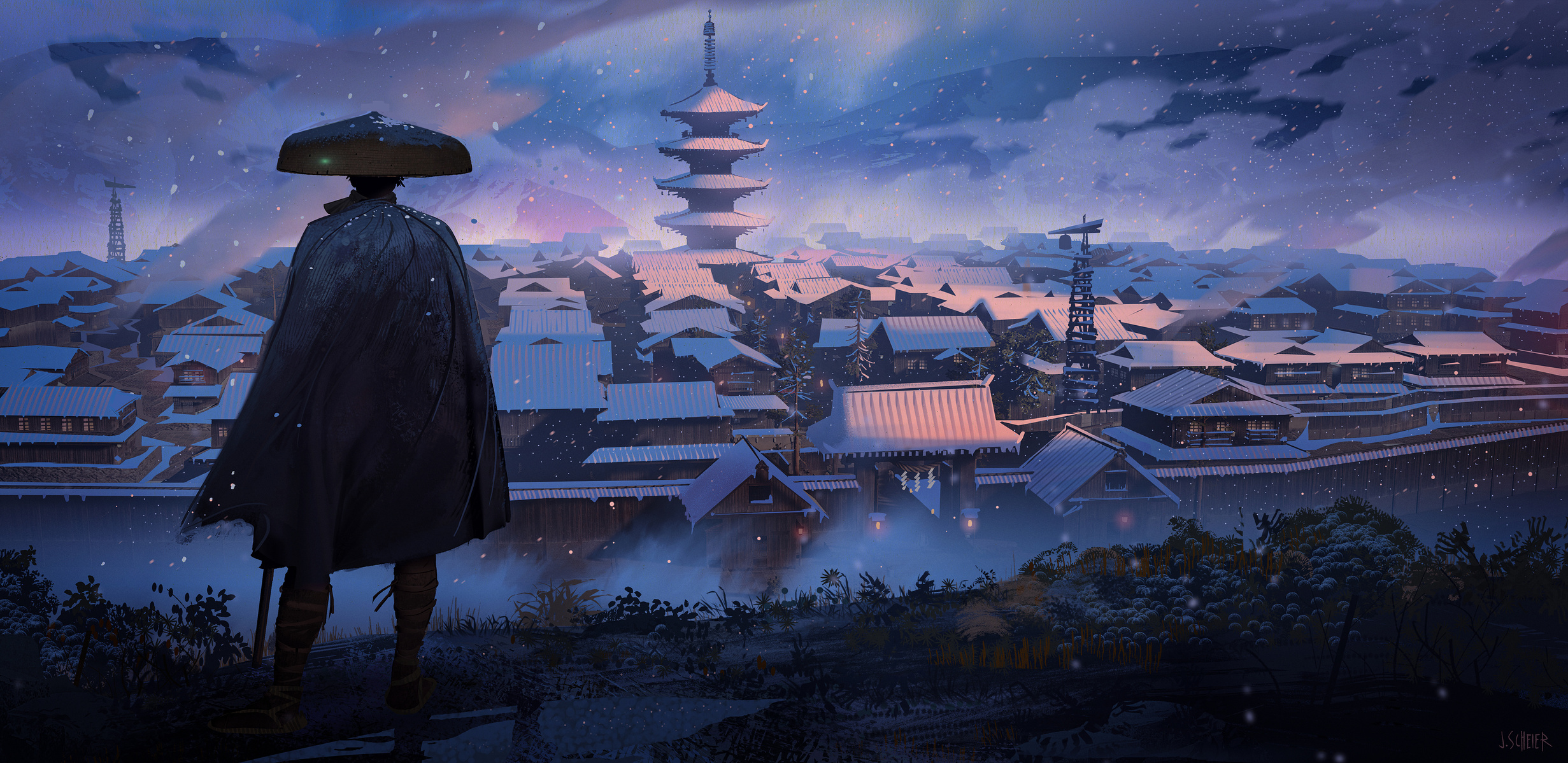 Jason Scheier Digital Art Artwork Illustration Samurai Town Building Architecture Pagoda Japan Snow  2462x1199