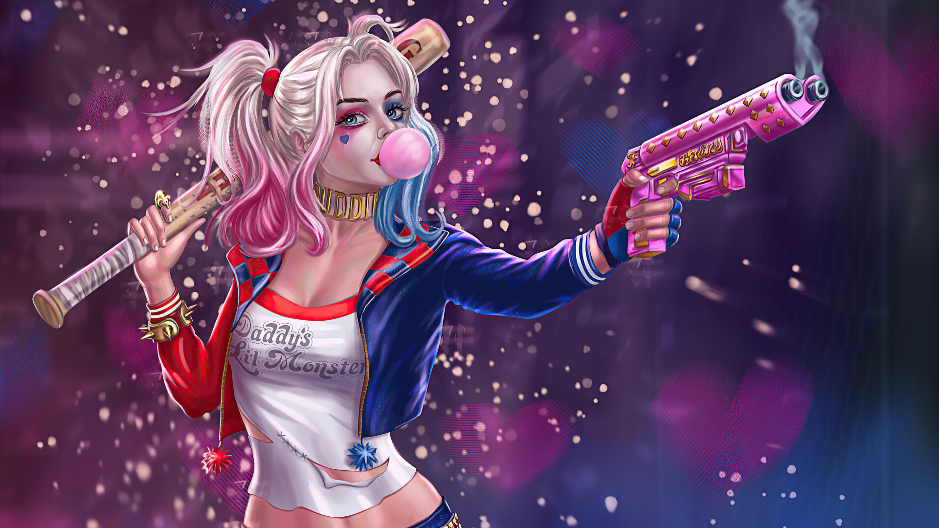 Harley Quinn DC Comics Baseball Bat Bubble Gum Gun Multi Colored Hair 1920x1080