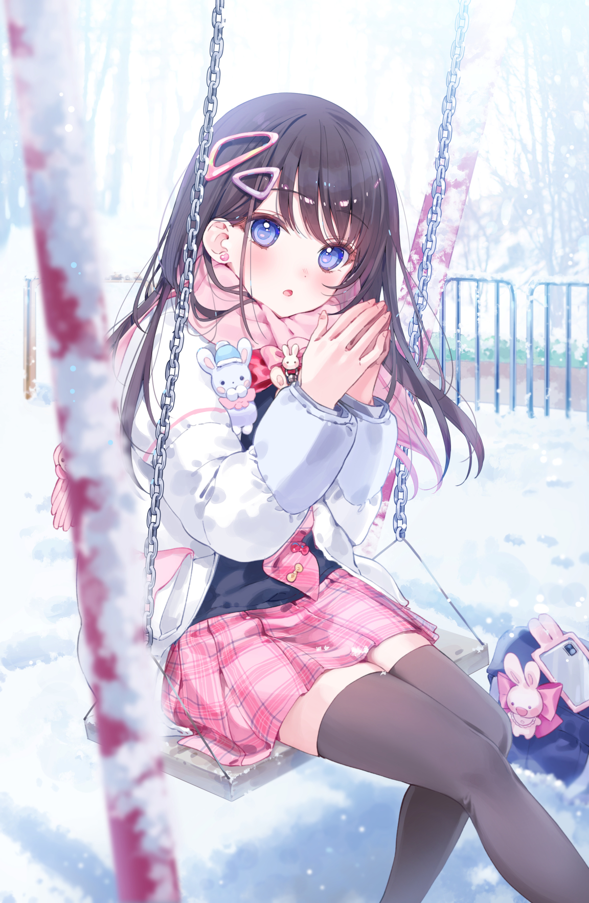 Pixiv Anime Swings Portrait Display Blush Looking At Viewer Snow Plush Toy Blue Eyes Dark Hair Anime 1152x1765