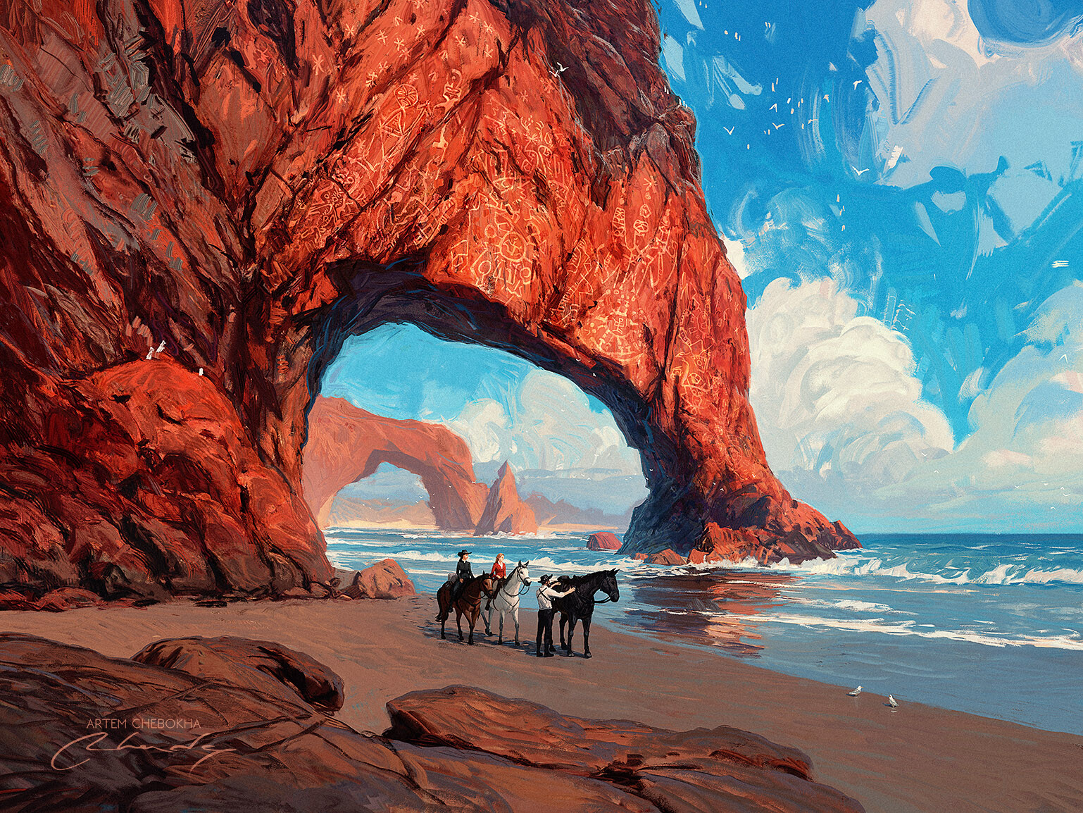 Artwork Digital Art Horse Beach Rocks Nature Artem Chebokha Sky Clouds Water Waves Sand Animals Hors 1538x1154