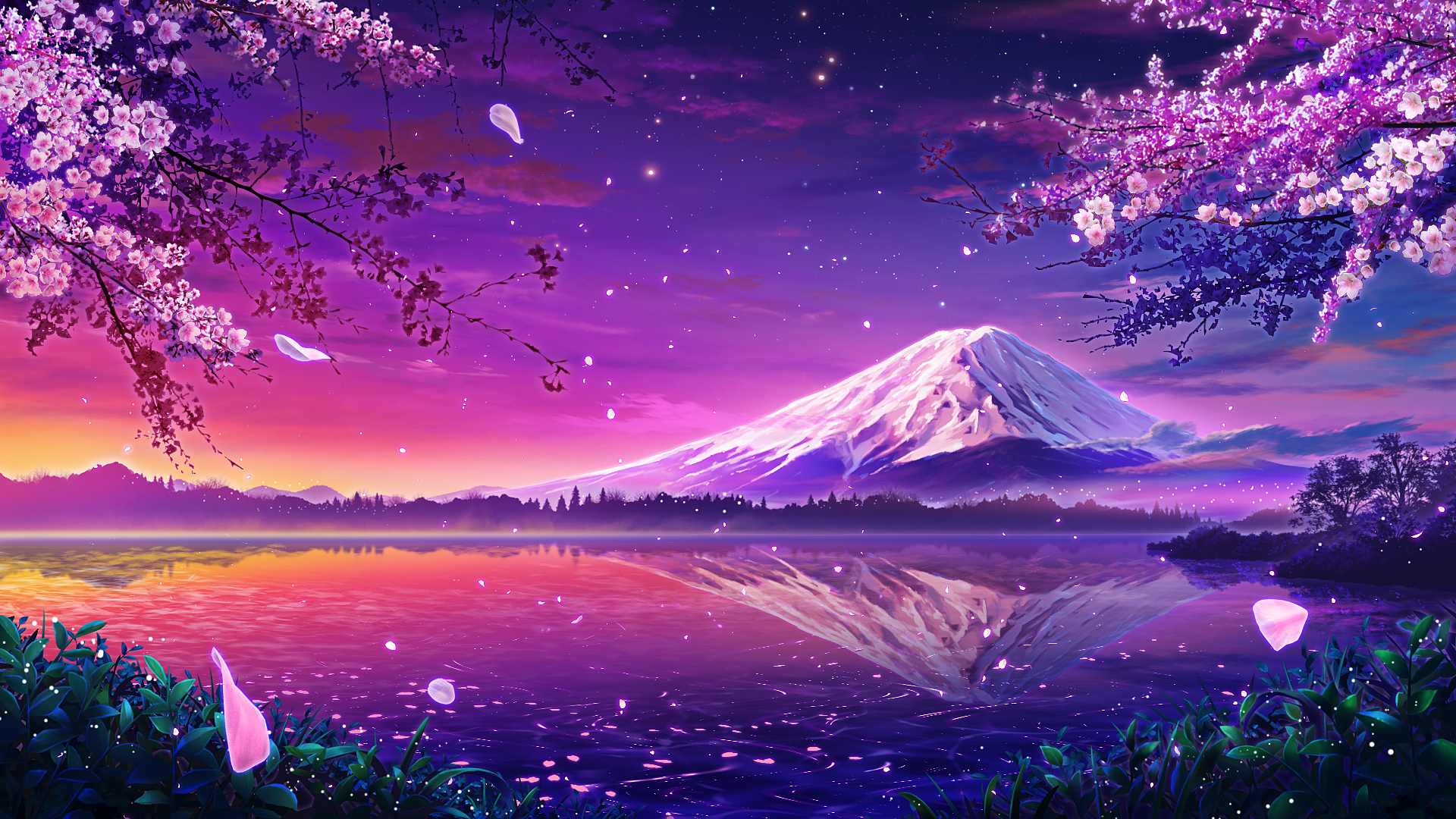 Anime Pixiv Cherry Blossom Petals Reflection Water Sunset Mountains Snow Nature Sunset Glow Sky 1920x1080