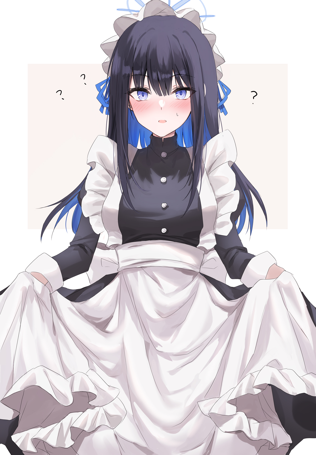 Blue Archive Anime Girls Blue Eyes Maid Maid Outfit Blushing Question Mark Lifting Dress 1200x1726