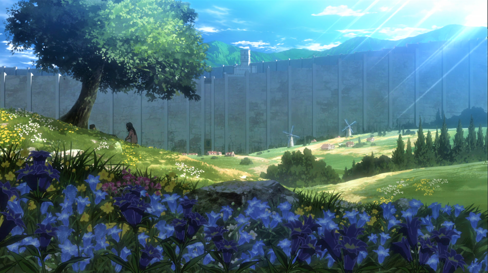 Shingeki No Kyojin Mikasa Ackerman Eren Jeager Flowers Trees Windmill Wall Sky Clouds Sunlight Anime 1913x1069