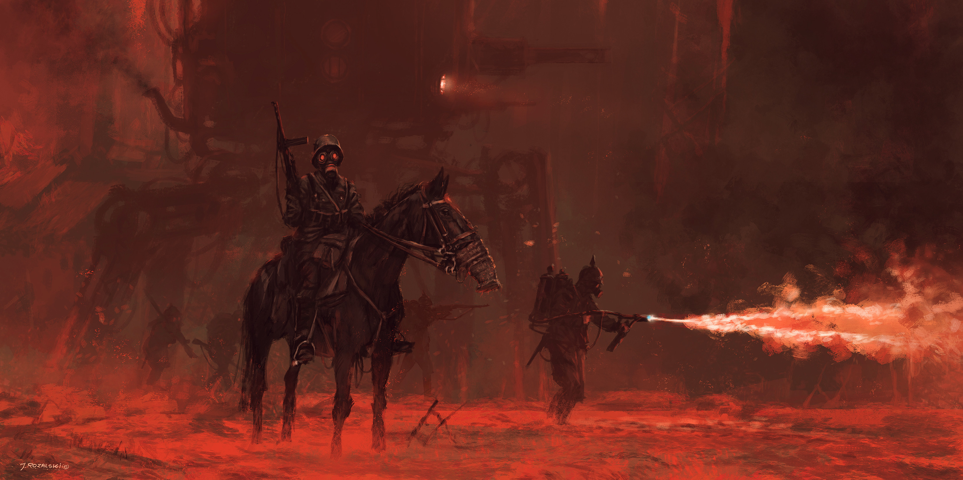 Science Fiction Fire Flamethrower Red Horse Gas Masks Gun 3307x1650