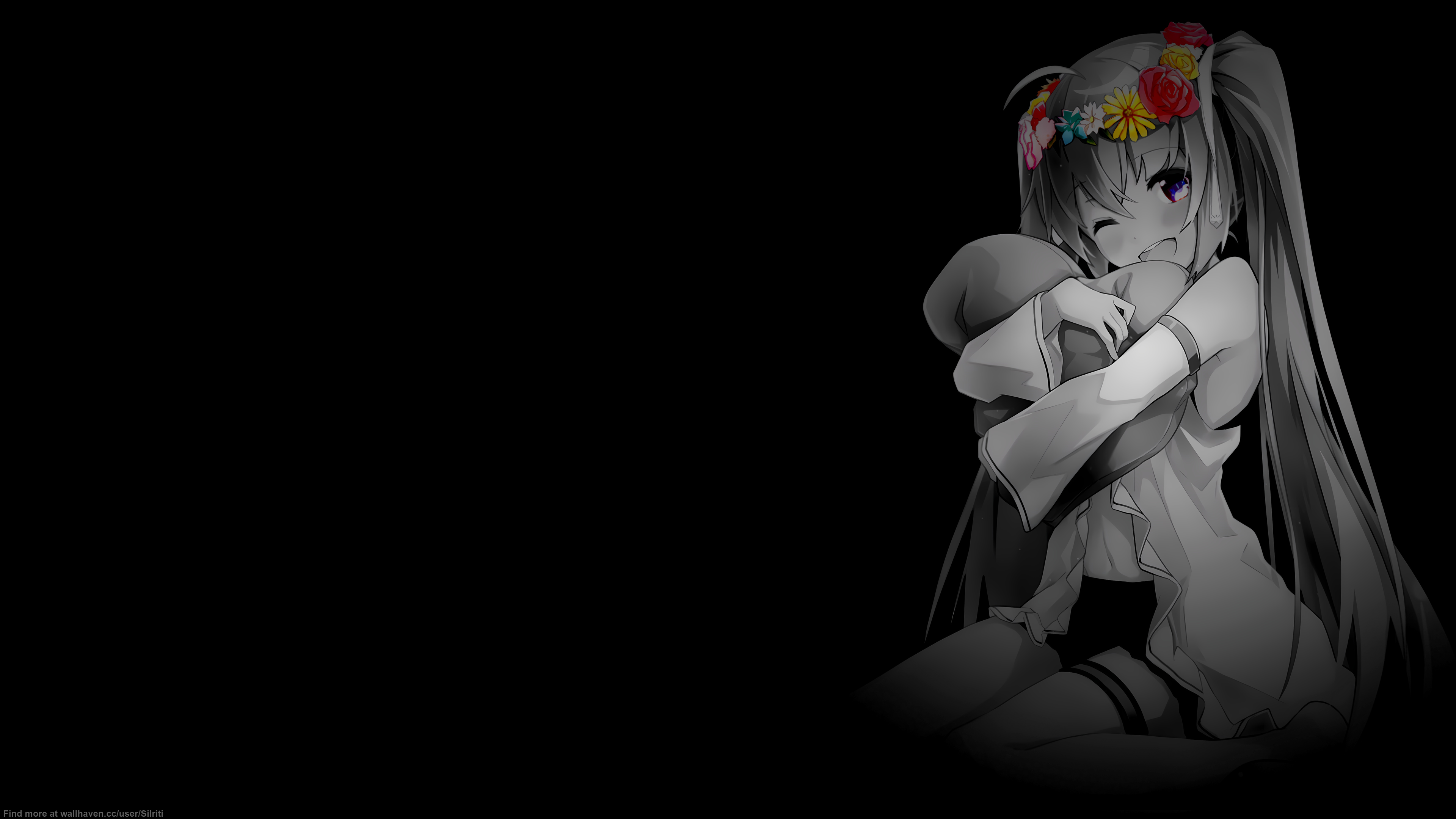 Anime Girls Black Background Dark Background Simple Background Selective Coloring Flower In Hair Min 3840x2160